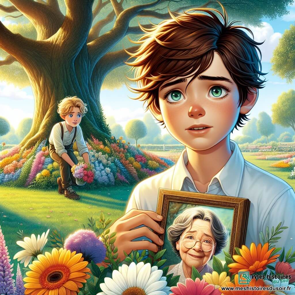 Un garçon de 11 ans, Thomas, avec des cheveux châtains en bataille et des yeux curieux, se tient sous un grand chêne dans un parc ensoleillé. Il exprime une douce mélancolie en tenant un cadre photo de sa grand-mère, entouré de fleurs colorées. À ses côtés, Lucas, également 11 ans, aux cheveux blonds et lunettes rondes, le regarde avec compassion, tandis qu'Emma, 10 ans, aux cheveux bruns et tresses, s'agenouille près des fleurs avec un sourire chaleureux. Le parc est lumineux, avec des arbres majestueux et des fleurs dansant dans la brise, créant une atmosphère paisible. Thomas et ses amis rendent hommage à sa grand-mère disparue, illustrant la beauté de l'amitié et le pouvoir des souvenirs dans la tristesse.
