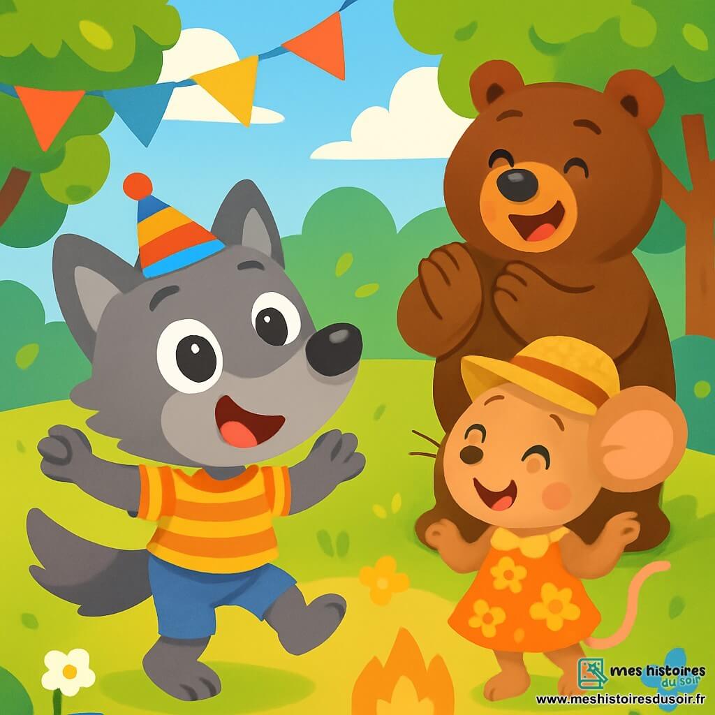 Petit Loup, un jeune loup aux grands yeux ronds et au pelage gris, danse joyeusement avec un sourire. Il porte un chapeau coloré et un t-shirt rayé. À côté de lui, Souricette, une petite souris au pelage brun clair et aux grandes oreilles, rit en portant une robe à fleurs et un chapeau en paille. Ours Brun, un ours costaud au pelage brun foncé, applaudit en les encourageant. La scène se déroule dans une clairière ensoleillée, entourée d'arbres verts et de guirlandes colorées, avec un sol recouvert d'herbe et de fleurs sauvages, tandis qu'un feu de camp crépite doucement. Les amis dansent pour célébrer la fin des vacances d'été, créant une ambiance de bonheur et d'amitié.