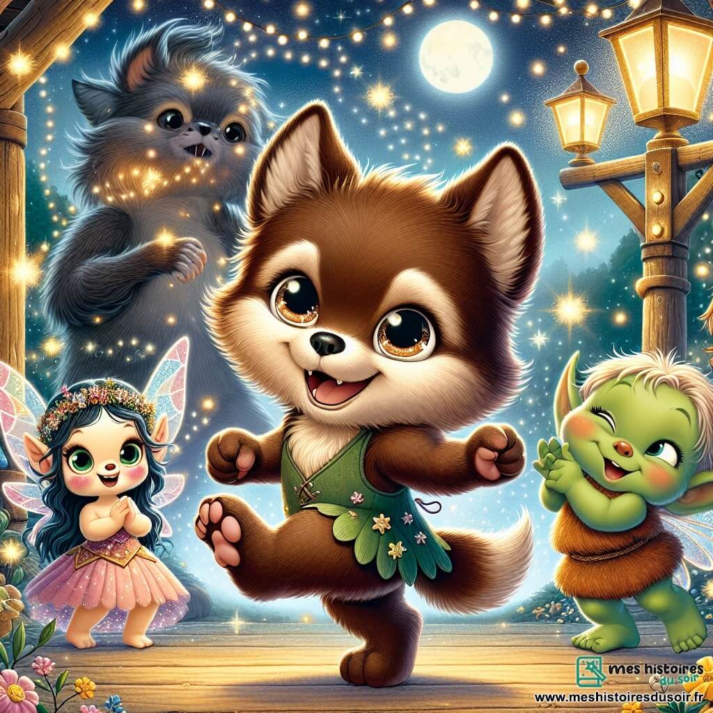 Illustration d'un petit loup au pelage chocolat, avec des yeux brillants, montrant courage et détermination, dansant joyeusement avec des créatures magiques. À ses côtés, une fée aux ailes scintillantes et un troll amical applaudissent. Le cadre est un vieux moulin en bois, illuminé par des lumières scintillantes sous un ciel étoilé. Le petit loup et ses amis dansent et chantent pour chasser une ombre menaçante qui se dissipe lentement, tandis que des étoiles filantes et des éclats de lumière ajoutent à l'ambiance magique.