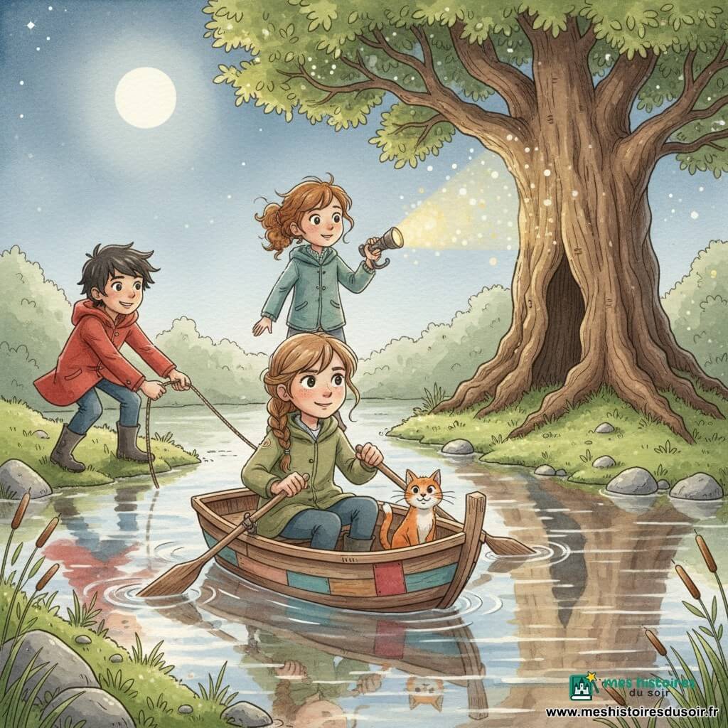 Une nuit douce au clair de lune : une fille de 10 ans aux yeux curieux et tresse châtain, visage déterminé et sourire discret, rame doucement dans une petite barque réparée, veste kaki et bottines boueuses ; un garçon de 11 ans aux cheveux noirs en bataille et manteau rouge tire la corde depuis la rive gauche, mains tendues et encouragements ; une fille de 9 ans aux cheveux bouclés attachés tient une lampe de fortune à l'avant, regard émerveillé vers un vieux tilleul massif à l'autre rive, dont l'écorce crevassée et les branches basses sont couvertes de feuilles lumineuses ; un chat roux blotti près des rames, moustaches frémissantes ; la rivière calme reflète la lune, berges de mousse et pierres lisses, roseaux délicats ; ambiance de camaraderie, courage et aventure enfantine, éclats de lampe et reflets dorés sur l'eau.
