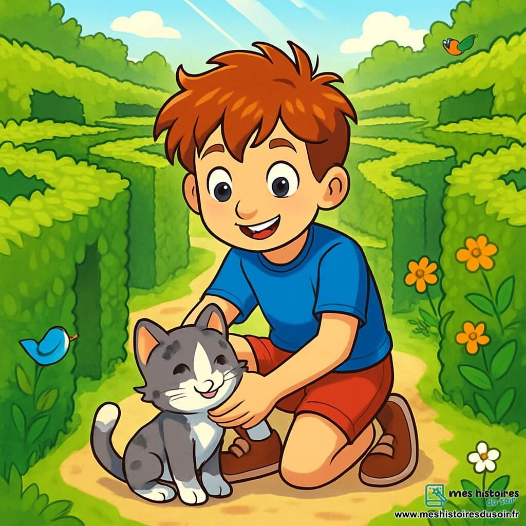Un garçon de 10 ans, Lucas, aux cheveux ébouriffés et aux yeux pétillants, se tient au centre d'un labyrinthe verdoyant, souriant. Il porte un t-shirt bleu et un short rouge, accroupi en caressant un chaton gris aux taches blanches qui ronronne à ses pieds. Le labyrinthe est constitué de haies vertes formant des chemins sinueux, avec des rayons de soleil créant des ombres au sol. À l'arrière-plan, des fleurs colorées et des oiseaux chantants ajoutent de la magie à l'environnement. Lucas, concentré, est prêt à découvrir le trésor caché au centre, tandis que le chaton symbolise la douceur et l'amitié, offrant réconfort dans les moments difficiles.