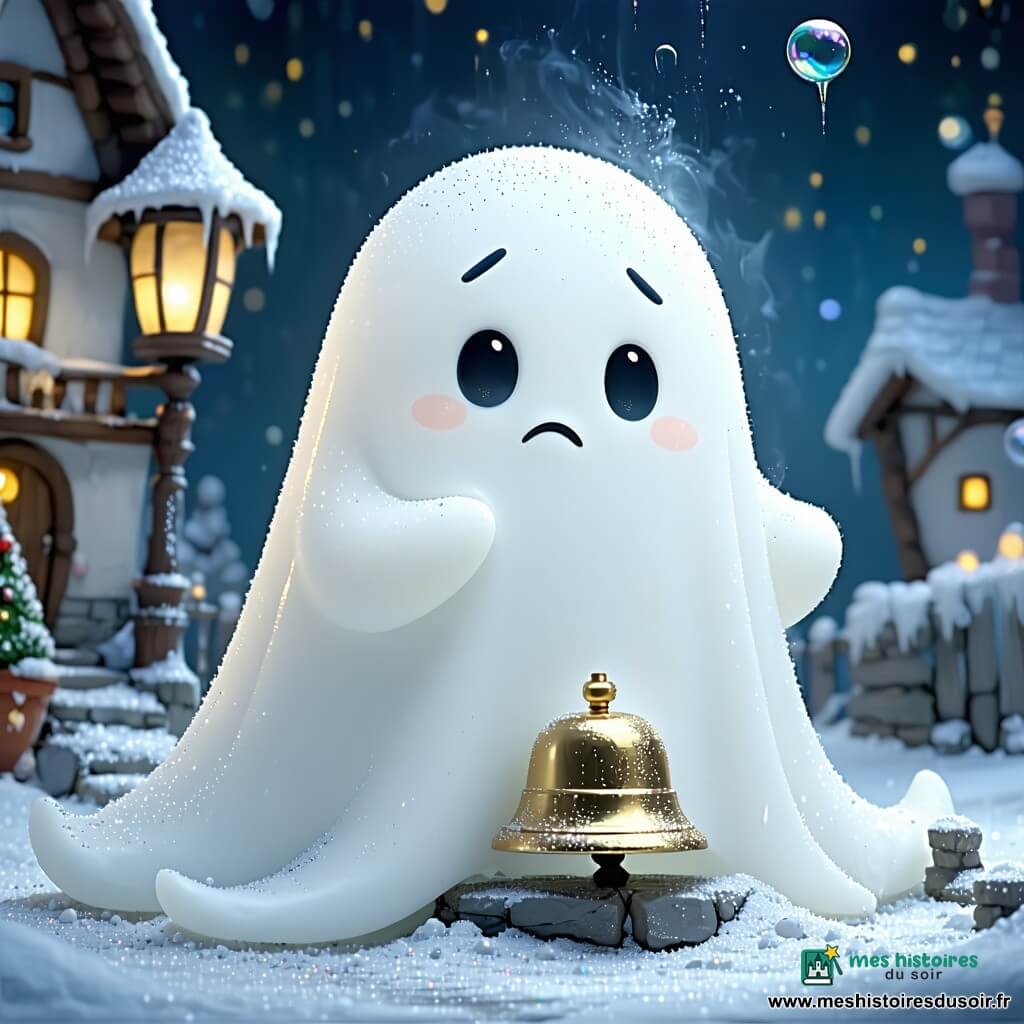 Lumi est un petit fantôme rond, blanc nacré et joufflu, aux joues argentées et grands yeux brillants ; doux et inquiet, il pose une main de brume sur une petite clochette en métal doré au visage timide, posée sur un pilier de sucre. En arrière-plan, maisons en sucre blanc aux toits en sucre d'orge, chemins scintillants de poudre d'étoiles et lampadaires portant des bulles lumineuses ; ciel bleu nuit velouté parsemé d'étoiles roses et jaunes. Lumi flotte légèrement avec une traînée de brume argentée, penché vers la clochette qui tremble en laissant échapper une note dorée ; couleurs vives, contours fins, textures douces et brillantes, ambiance chaleureuse, composition centrée en plans rapprochés et éclairage doux des bulles.