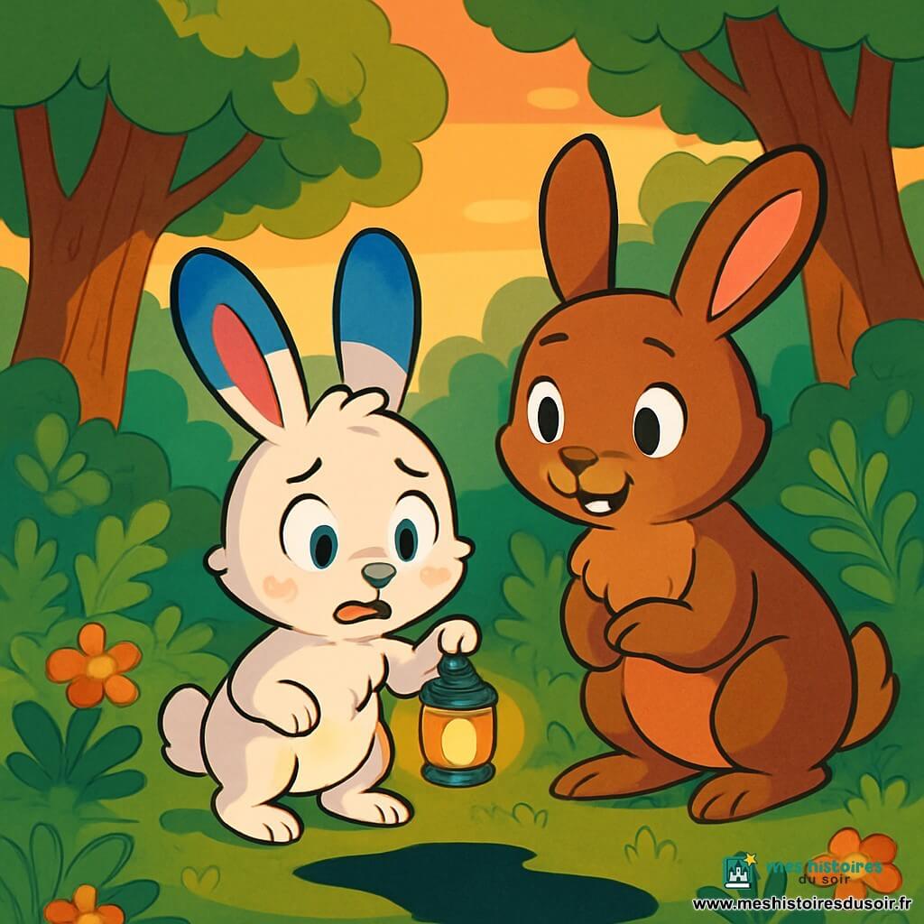 Un jeune lapin nommé Oscar, avec un pelage blanc et des oreilles bleu myrtille, se tient au centre de la clairière, curieux et un peu inquiet, regardant une ombre sous son lit de mousse. Sa maman, Madame Lapin, au pelage brun et aux yeux réconfortants, lui sourit tendrement, prête à l'encourager. La clairière, entourée de grands chênes et de fleurs colorées, est baignée par la lumière dorée du soleil couchant. Oscar, hésitant mais déterminé, fait face à l’ombre, tandis que la douce lumière de la lanterne éclaire son visage, opposant l’obscurité à l’amour maternel.