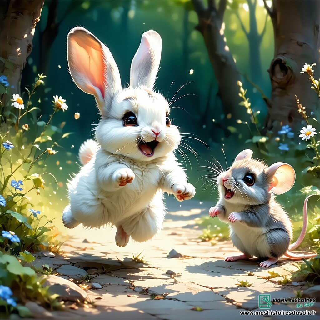 Au centre de la scène, Léo, un jeune lapin aux grandes oreilles et à la fourrure blanche, exprime une joie contagieuse avec un grand sourire. Il saute avec enthousiasme, prêt à encourager ses amis à participer à la course. À sa droite, Mia, une petite souris grise avec de grands yeux brillants, le regarde avec admiration, tenant une banderole "Tous ensemble !" À gauche, Nino, un hérisson aux piquants dorés, sourit avec fierté, levant ses petites pattes comme s'il applaudissait, portant un foulard rouge pour soutenir l'égalité des genres. Le décor est une clairière verdoyante remplie de fleurs colorées et d'arbres majestueux, sous un ciel bleu éclatant. La scène montre Léo, Mia et Nino, unis dans l'excitation, prêts à participer à la course, illustrant l'esprit d'équipe et de solidarité dans la forêt.