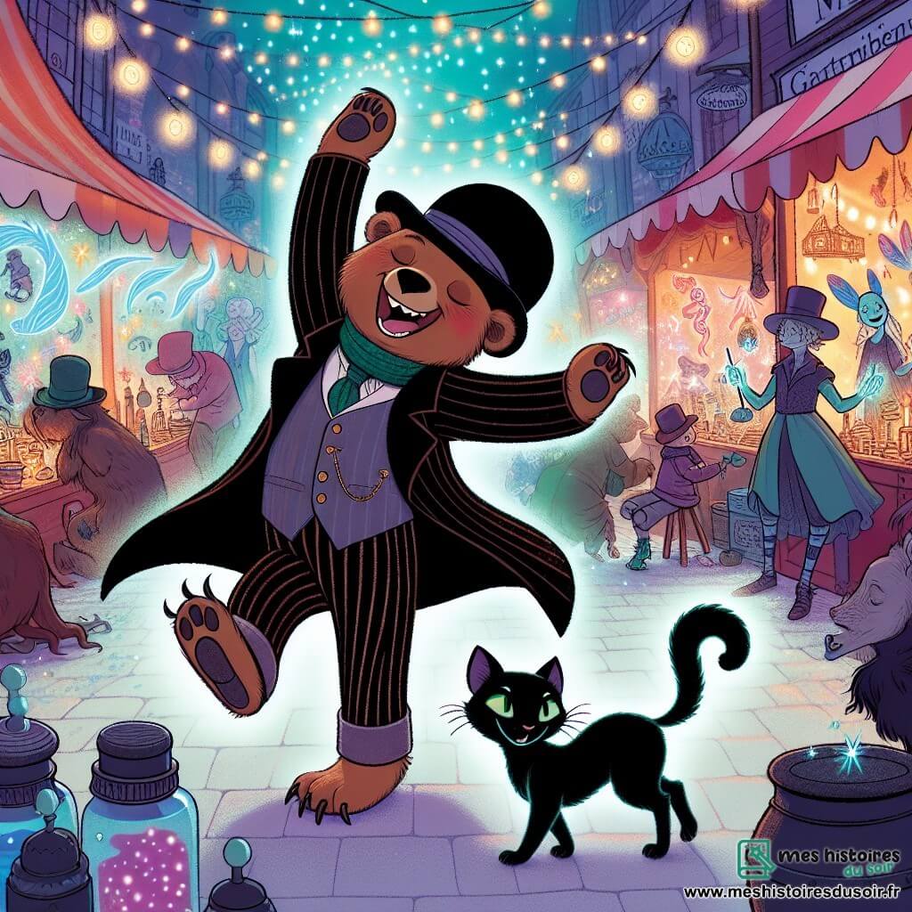 Un ours dansant nommé Barnabé, portant un chapeau melon et une redingote rayée, sourit joyeusement au centre d'un marché souterrain vibrant, entouré de créatures fantastiques. À sa droite, un chat noir nommé Minuit, aux yeux émeraude, l'observe avec curiosité. Le marché est rempli de couleurs éclatantes, avec des étals de potions scintillantes, des fées aux ailes translucides et des centaures discutant. L'atmosphère est magique, avec des lumières scintillantes. Barnabé, en pleine danse, attire l'attention des Chuchoteurs, des voleurs invisibles qui se matérialisent autour de lui, révélés par sa danse. C'est un moment de tension et de magie, où l'amitié et le courage se rencontrent dans ce monde fantastique caché.