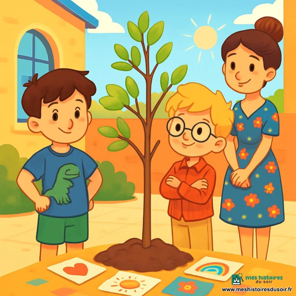 Trois personnages sont présents : Maxime, un garçon de 8 ans avec des cheveux châtains et un t-shirt bleu, se tient près d'un jeune arbre, souriant timidement ; Léon, également âgé de 8 ans, avec des cheveux blonds et des lunettes, admire l'arbre en croisant les bras ; Madame Dupont, une femme d'une trentaine d'années en robe fleurie, sourit chaleureusement aux enfants. L'action se déroule dans une cour d'école ensoleillée, où un petit arbre vient d'être planté, entouré de dessins colorés. Maxime et Léon, entourés de leurs camarades, évoquent des souvenirs joyeux de leur grand-père, tandis que Madame Dupont les regarde avec bienveillance, créant une ambiance festive et émotive.