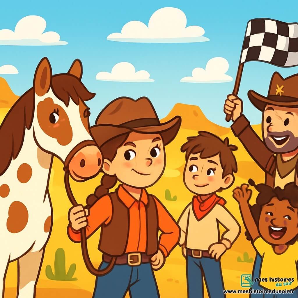 Lucy, une cow-girl aux cheveux châtains tressés, porte un chapeau en feutre incliné et un gilet en cuir. Elle est déterminée et joyeuse, prête à relever un défi. À ses côtés, sa jument Pluie, blanche avec des taches brunes, se tient fièrement. Zoé, sa meilleure amie de 10 ans aux cheveux bouclés, l'encourage avec enthousiasme. Sam, un garçon rusé de 11 ans avec un bandana rouge, l'observe avec un regard malicieux. La scène se déroule dans la vallée d’Étoile-du-Far-West, entourée de collines dorées et de cactus, sous un ciel bleu. Lucy se prépare à démarrer la course vers la rivière d’or, pleine d’énergie, tandis que le shérif lève le drapeau pour le départ.