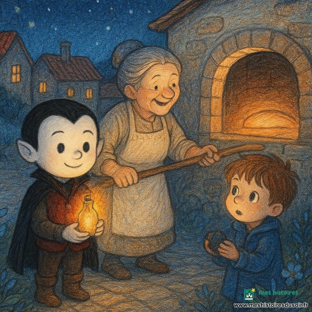 Un petit vampire nommé Léo, garçon au visage rond souriant et à la peau très pâle, en gilet velouté bordeaux et bottes marron, tient délicatement un flacon où scintille une lueur jaune-orangée, le regard doux et concentré. Une vieille boulangère d’environ 70 ans, cheveux gris en chignon et tablier farineux, ouvre la porte d’un four en pierre en souriant, une pelle à pain à la main, tandis qu’un petit garçon de six ans aux cheveux en bataille et manteau bleu montre une petite météorite noire, les yeux ébahis par la lueur. Le village nocturne se compose de maisons basses en pierre aux toits de tuiles rouges, fenêtres fumantes et chemin pavé bordé de fleurs nocturnes bleues et argentées sous un ciel étoilé. Léo descend du sentier de la montagne pour poser la lueur près du four de la boulangère afin de réchauffer la pâte ; une lumière douce éclaire les visages, créant une atmosphère chaleureuse et magique, mêlant tons chauds et ombres bleutées.