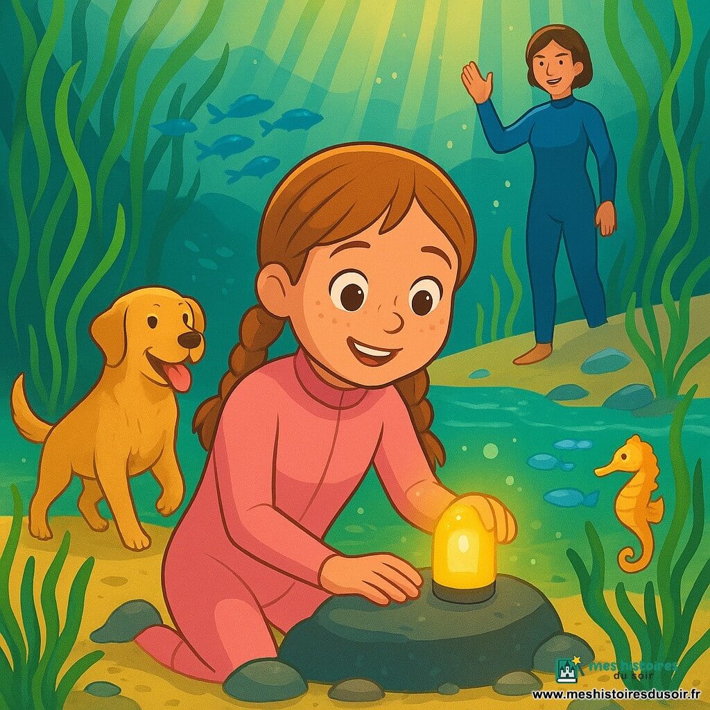 Une fillette de 8 ans au visage rond et taches de rousseur, cheveux châtain clair en deux nattes, sourit émerveillée en posant une petite balise brillante sur un rocher parmi des algues; elle porte une combinaison de plongée rose pâle. À quelques mètres sur le rivage sa mère d'environ 35 ans, cheveux courts bruns en combinaison bleue, lui sourit et lève la main; en arrière-plan sur la plage un labrador doré et humide nommé Plouf aboie joyeusement, queue levée. Décor : forêt d'algues sous-marine dense, rayons de soleil dorés, bancs de poissons bleus, méduses translucides, un hippocampe jaune accroché à une algue, petites pierres, sable clair et bulles; ambiance douce, couleurs saturées, style vectoriel lisible pour enfants.