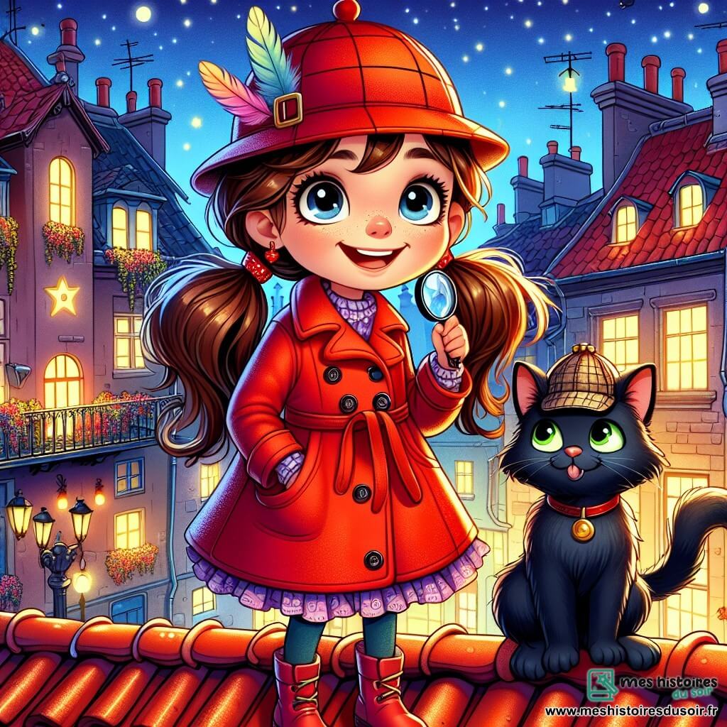 Élodie, une petite fille de 10 ans, se tient sur un toit en tuiles rouges, souriante, avec de longs cheveux bruns en couettes, un manteau rouge et un chapeau de détective. Elle tient une loupe et un carnet, prête à résoudre des mystères. À ses côtés, Monsieur Beignet, un chat noir aux yeux verts, l'observe avec curiosité. Le décor urbain est féerique, avec des immeubles anciens, des cheminées fumantes et des étoiles dans le ciel nocturne. Élodie et Monsieur Beignet regardent un esprit farceur lumineux jonglant avec des objets volés, et Élodie s'apprête à lui parler pour lui proposer une idée amusante.