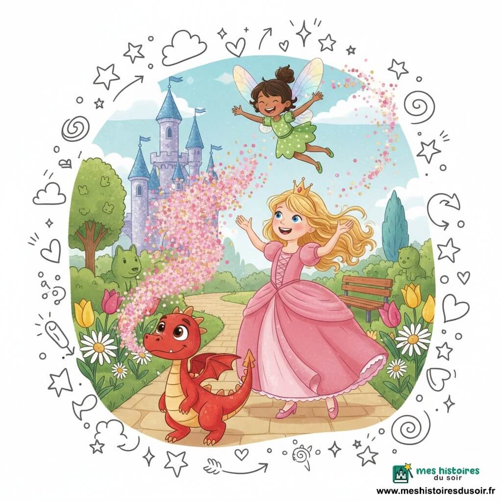 Petite princesse d'environ 6 ans, robe rose poudré à volants, couronne dorée simple, cheveux blonds bouclés, mains levées vers Flamme, un petit dragon roux à écailles brillantes et yeux malicieux qui souffle un nuage de paillettes roses et dorées ; la fée Poupette, petite comme un enfant de 5 ans, ailes multicolores translucides et robe verte à pois, virevolte en riant en laissant des traînées de paillettes ; jardin du château avec allée pavée, grandes fleurs colorées, buissons taillés, un banc en bois et en arrière-plan un château aux murs scintillants et tourelles bleues ; scène joyeuse et centrée où la princesse et le dragon dansent dans un nuage de paillettes, atmosphère lumineuse, couleurs vives, textures douces et contours arrondis, accueillante pour les tout-petits.