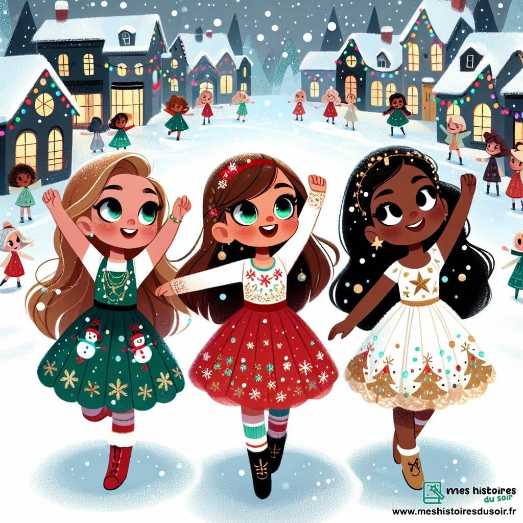 Trois filles, Lila, Mia et Zoé, se tiennent dans un village enneigé. Lila, 8 ans, a des cheveux bruns et porte une robe rouge avec des flocons de neige. Mia, 7 ans, a des cheveux blonds et une robe verte avec des rennes. Zoé, 9 ans, a des cheveux noirs et des lunettes rondes, vêtue d'une robe blanche avec des étoiles dorées. Le village est plein de maisons aux toits enneigés, illuminées par des guirlandes colorées, tandis que des flocons de neige tombent du ciel étoilé. Les trois amies dansent joyeusement dans la neige, les bras levés, émerveillées par la magie de Noël et le vœu qu'elles ont fait ensemble.