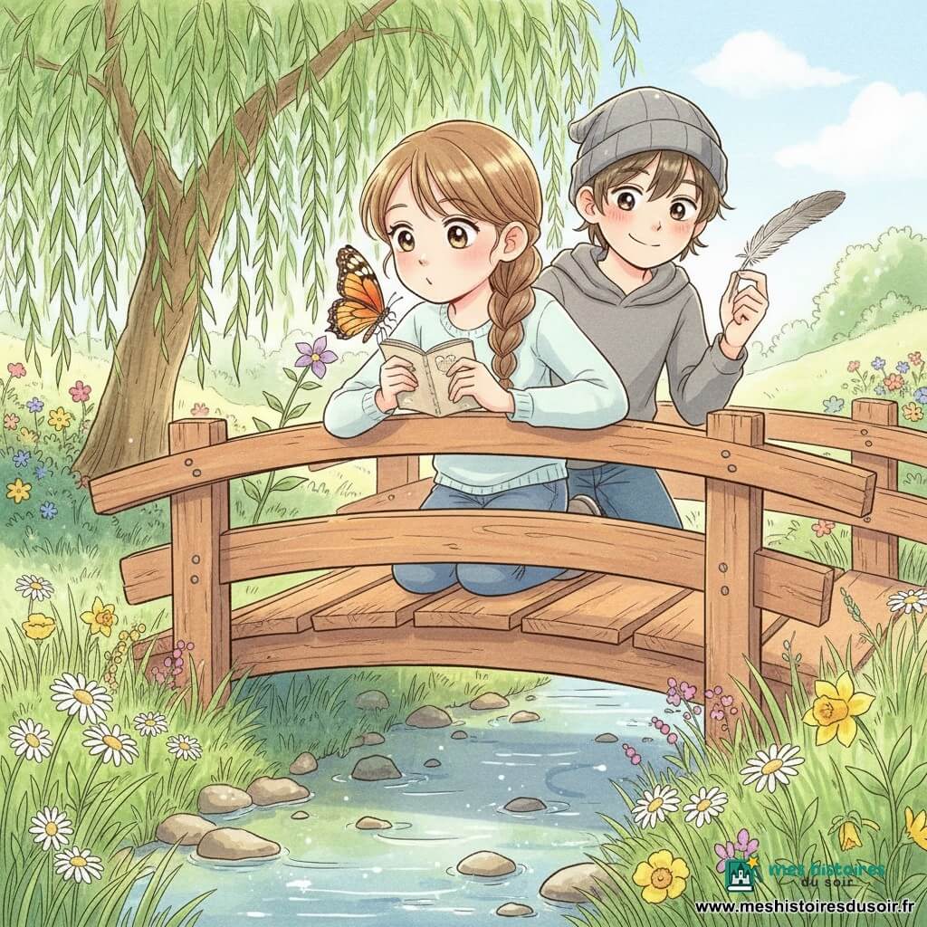Lina, 12 ans, visage expressif, cheveux châtain clair en tresse lâche, tient un petit carnet et un crayon sur la rambarde d’un pont en bois tandis qu’un papillon orange et noir se pose sur une fleur mauve; Émile, aussi 12 ans, bonnet gris trop grand, posture détendue, se tient légèrement derrière elle en tenant une plume et observant le papillon; le pont étroit et usé surplombe un ruisseau clair aux cailloux brillants, rives d’herbes hautes et fleurs sauvages, un saule aux feuilles pendantes projette des ombres; lumière douce d’un après-midi de printemps, palette printanière pastel, style manga enfantin aux lignes nettes et texture aquarelle légère, composition centrée sur le visage émerveillé de Lina et le papillon.