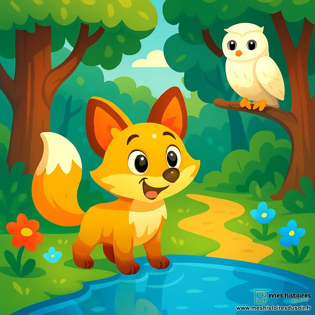 Un renard doré, aux yeux pétillants et à la fourrure éclatante, se tient au bord d'un lac, son reflet brillant dans l'eau claire. Il affiche un sourire émerveillé, prêt à découvrir les secrets de la forêt. À proximité, une chouette blanche aux plumes éclatantes observe le renard avec bienveillance. La scène se déroule dans une forêt enchantée, avec des arbres majestueux et des fleurs luminescentes. Félix, le renard, réalise l'importance de la découverte de soi, entouré de la magie de la nature.