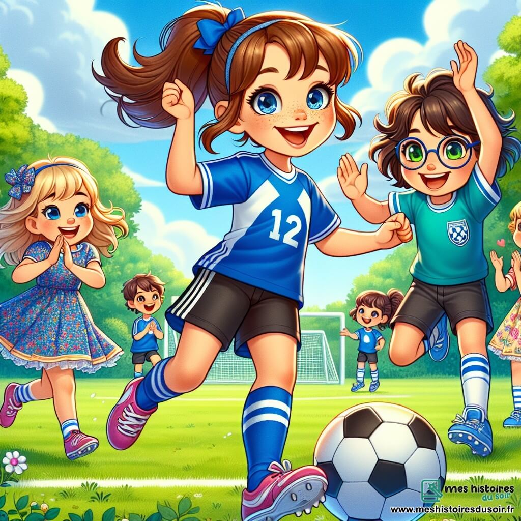Clara, une fille de 12 ans avec des cheveux bruns en queue de cheval, sourit et dribble un ballon de football en portant un maillot bleu et un short noir. À sa droite, Lucas, un garçon de 8 ans aux cheveux en bataille et lunettes rondes, applaudit. À sa gauche, Léa, une fille de 9 ans avec des couettes et une robe colorée, sourit en tenant un drapeau de l'équipe. La scène se déroule dans un parc verdoyant avec un terrain de football, des arbres et un ciel bleu. Clara montre des techniques de football à un groupe d'enfants captivés, créant une ambiance de camaraderie et de joie.