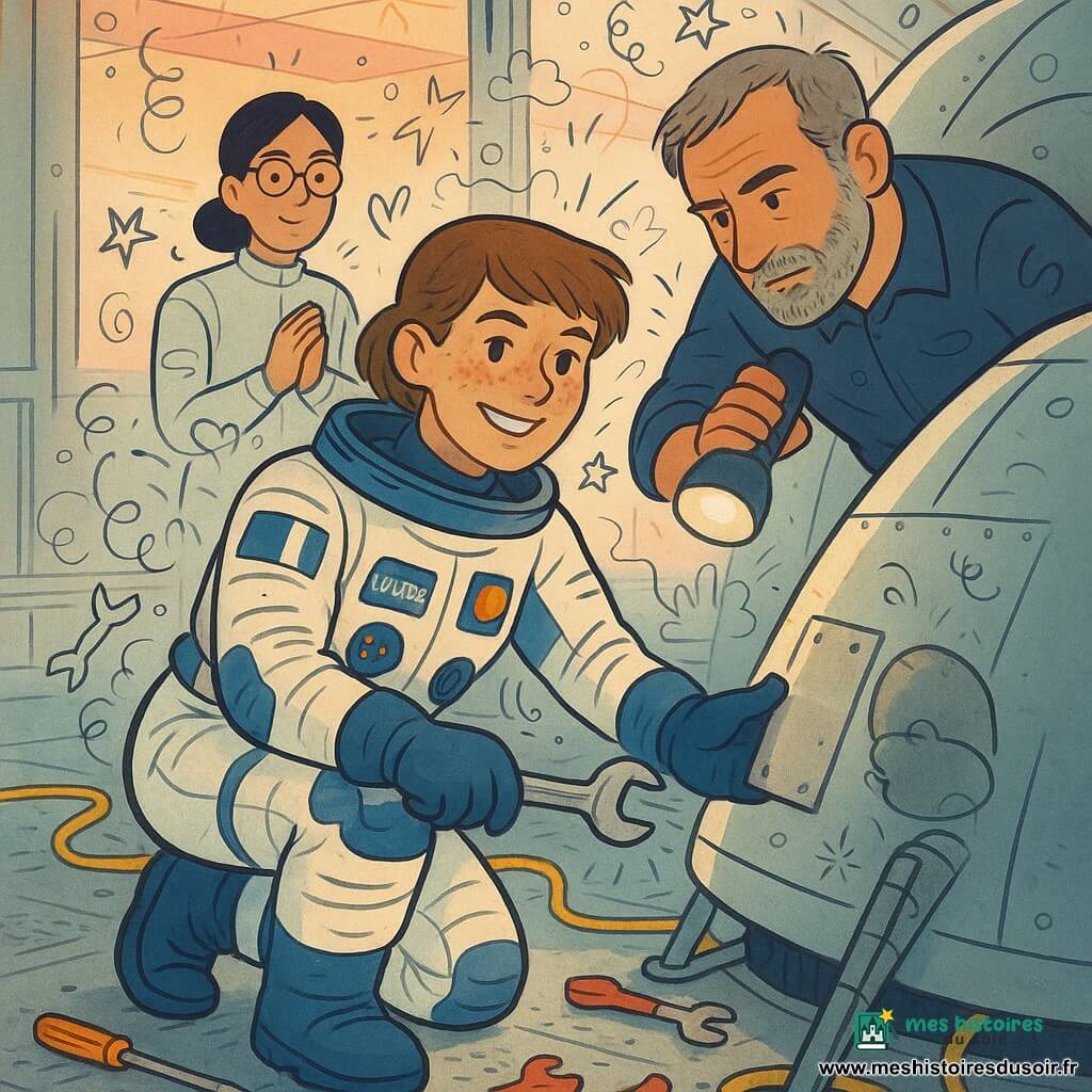Louise, astronaute d’environ 30 ans, souriante et déterminée, en combinaison spatiale blanche et bleue avec patchs, cheveux courts châtains et taches de rousseur, à genoux serrant un boulon avec une clé, lumière chaude sur le visage; à sa droite un ingénieur d’environ 45 ans, barbe grise légère et visage concentré, penché vers le simulateur en tenant une lampe torche et montrant une plaque métallique; derrière elle à gauche une coéquipière d’environ 28 ans, cheveux noirs attachés et lunettes rondes, applaudissant doucement; grande salle d’entraînement spatiale au sol métallique texturé, outils colorés et câbles jaunes éparpillés, grand simulateur dôme argenté au centre et grande fenêtre sur un lever de soleil rose-orangé; l’équipe répare le simulateur ensemble, gestes précis et visages chaleureux et complices, ambiance d’entraide et de curiosité, avec doodles ludiques en overlay (étoiles, petits outils, flèches).