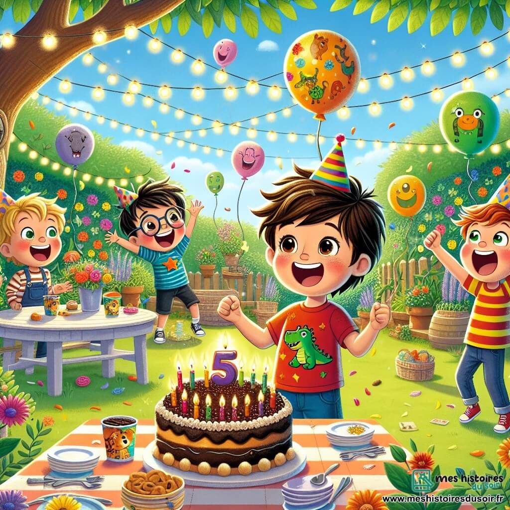 Dans un jardin ensoleillé, Max, un garçon de cinq ans avec des cheveux bruns et un t-shirt rouge à motifs de dinosaures, sourit en tenant un gâteau au chocolat. À côté de lui, Tom, un garçon aux cheveux blonds, danse avec un chapeau de fête coloré. Léo jongle avec des ballons en forme d'animaux, tandis qu'Hugo, un garçon aux cheveux roux, rit en essayant d'attraper un ballon qui s'envole. Le jardin est rempli de fleurs colorées, de ballons et d'une grande table décorée. La scène représente la fête d'anniversaire de Max, entouré de rires et de joie, prêt à déguster le gâteau.
