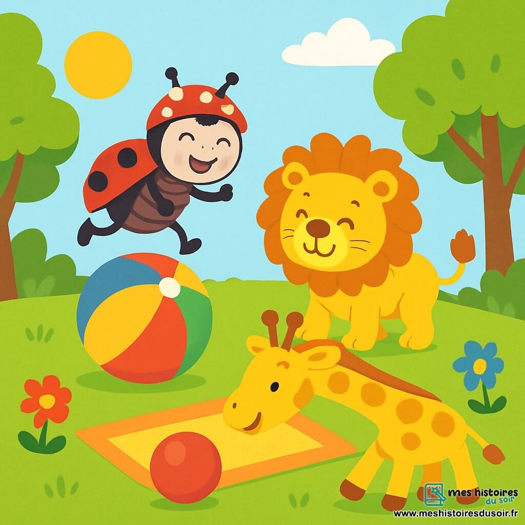 Une coccinelle nommée Coco, avec un chapeau rouge à pois blancs, saute joyeusement sur un ballon coloré. À côté d'elle, Léo le lion, avec sa crinière dorée ébouriffée, se tient prêt à sauter. Zoé la girafe, avec son long cou tacheté, se penche pour attraper un ballon. Le décor est une clairière ensoleillée entourée d'arbres et de fleurs colorées. Les animaux s'amusent ensemble sur un tapis de jeu, créant une ambiance joyeuse et festive.