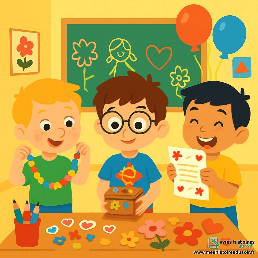 Trois garçons de 7 ans se trouvent dans une classe d'école primaire. Paul, au centre, a des cheveux bruns en bataille, des lunettes rondes, un t-shirt bleu et un short rouge. Il tient une boîte en bois décorée. Max, à gauche, a des cheveux blonds, des taches de rousseur, un t-shirt vert et un pantalon en jean, et montre un collier de pâtes colorées. Léo, à droite, a des cheveux noirs, un t-shirt jaune et un short bleu, et tient un poème décoré. La classe est joyeusement décorée pour la fête des mères, avec des ballons et des dessins d'enfants. Les garçons préparent leurs cadeaux avec des sourires éclatants.