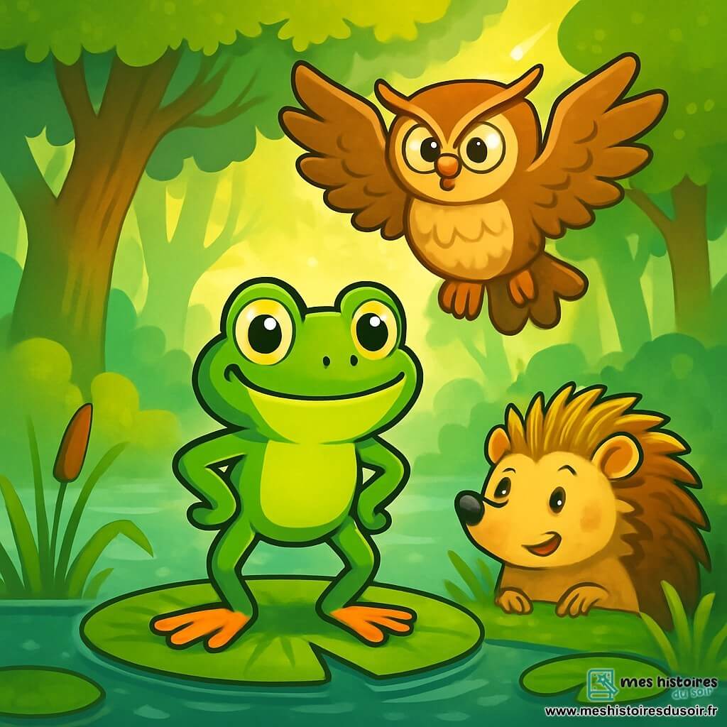 Une petite grenouille nommée Rainette, avec une peau verte éclatante et des yeux curieux, se tient sur un nénuphar au centre d'un étang, affichant une expression déterminée et joyeuse. À ses côtés, Gaspard le hérisson, avec ses piquants dorés et son sourire malicieux, observe attentivement, tandis qu'Hulotte la chouette, perchée sur une branche, déploie ses grandes ailes avec une expression sage. En arrière-plan, la forêt émeraude s'étend, avec des arbres majestueux et des rayons de soleil filtrant à travers la canopée. La scène représente Rainette et ses amis unis, prêts à affronter la sorcière Brume, avec des couleurs vives qui capturent l'esprit d'aventure et d'amitié de l'histoire.