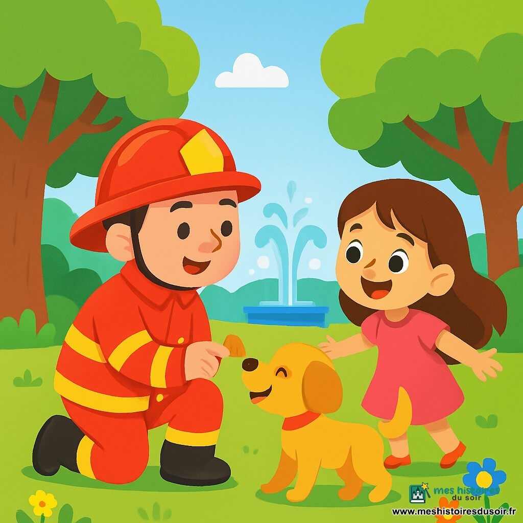 Un pompier nommé Paul est à genoux dans un parc verdoyant, souriant. Il porte un uniforme rouge vif et tend une friandise à un petit chien doré qui remue la queue. Près de lui, une petite fille d'environ 7 ans, avec de longs cheveux bruns et une robe rose, regarde la scène avec excitation, les bras écartés. Le parc est rempli d'arbres, de fleurs colorées et d'une fontaine scintillante. Paul réconforte le chien perdu en lui offrant un biscuit, tandis que la petite fille attend son retour avec impatience.