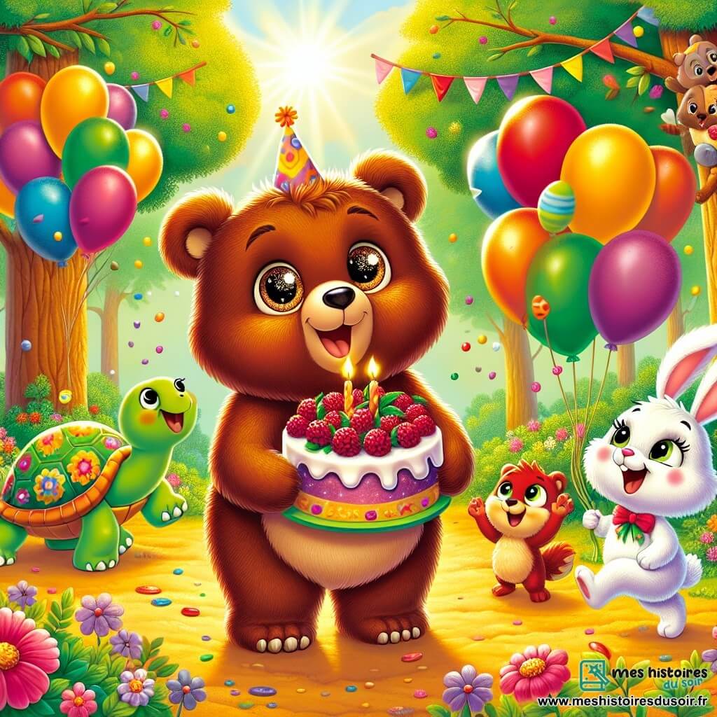 Un petit ours brun nommé Grizz, avec un pelage doux et des yeux pétillants, se tient au centre de la clairière, un grand gâteau aux baies dans les pattes, rayonnant de bonheur. À sa droite, Benny, un lapin blanc aux grandes oreilles, saute de joie avec une guirlande de fleurs. À sa gauche, Tilly, une tortue verte, applaudit, tandis que Sacha, un écureuil roux, agite des ballons multicolores. La clairière, baignée par la lumière dorée du soleil couchant, est entourée d'arbres verts et de fleurs éclatantes, créant une ambiance festive. Grizz et ses amis célèbrent son anniversaire dans un moment de bonheur et d'amitié.