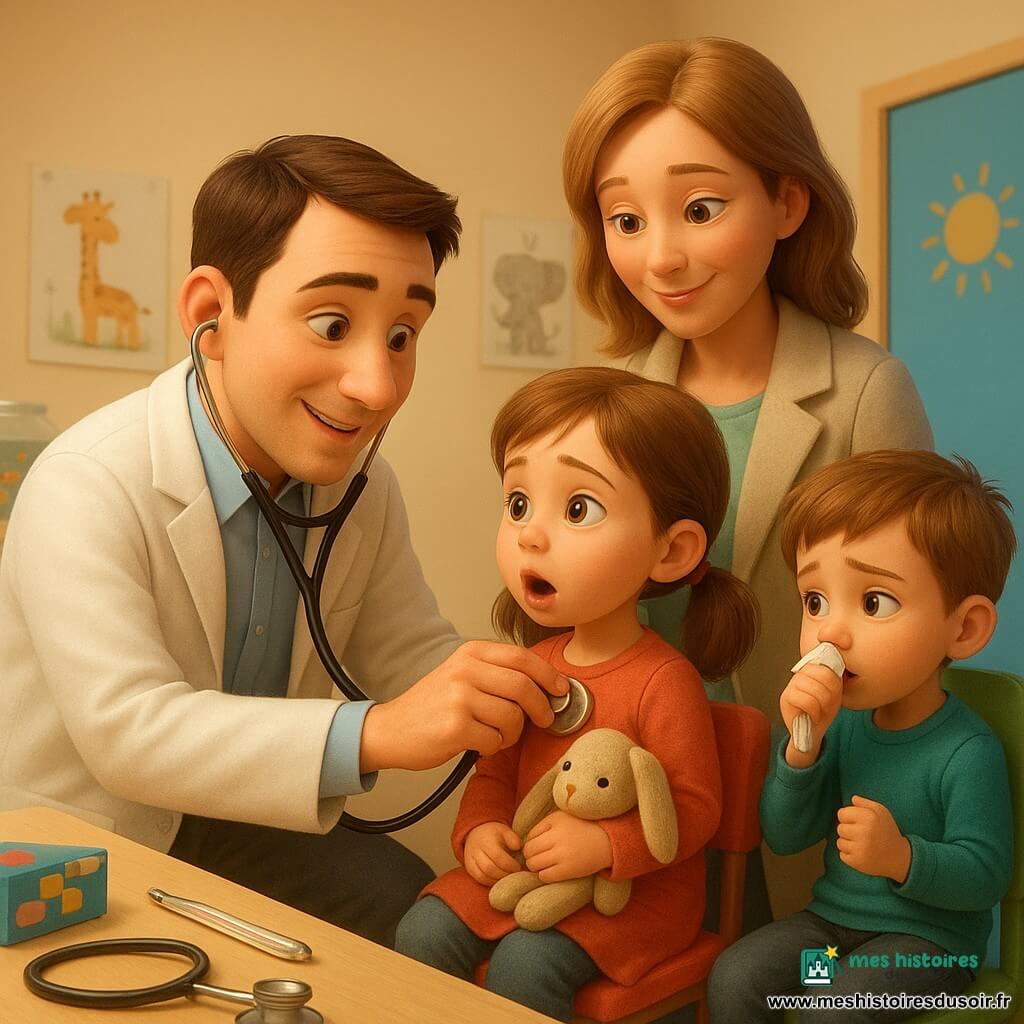 Un docteur souriant d’environ 30–40 ans en blouse blanche est accroupi et tend son stéthoscope vers Lila, une fillette de 4–5 ans aux couettes tenant un doudou lapin beige ; la maman, la main sur l’épaule de Lila, sourit derrière elle ; Noé, 5 ans, assis sur une chaise verte, tient un mouchoir et imite une toux dans son coude ; la salle d’attente/consultation est lumineuse et colorée (murs crème, porte bleue, aquarium, affiches d’animaux), ambiance douce, sûre et rassurante lors d’un examen calme.