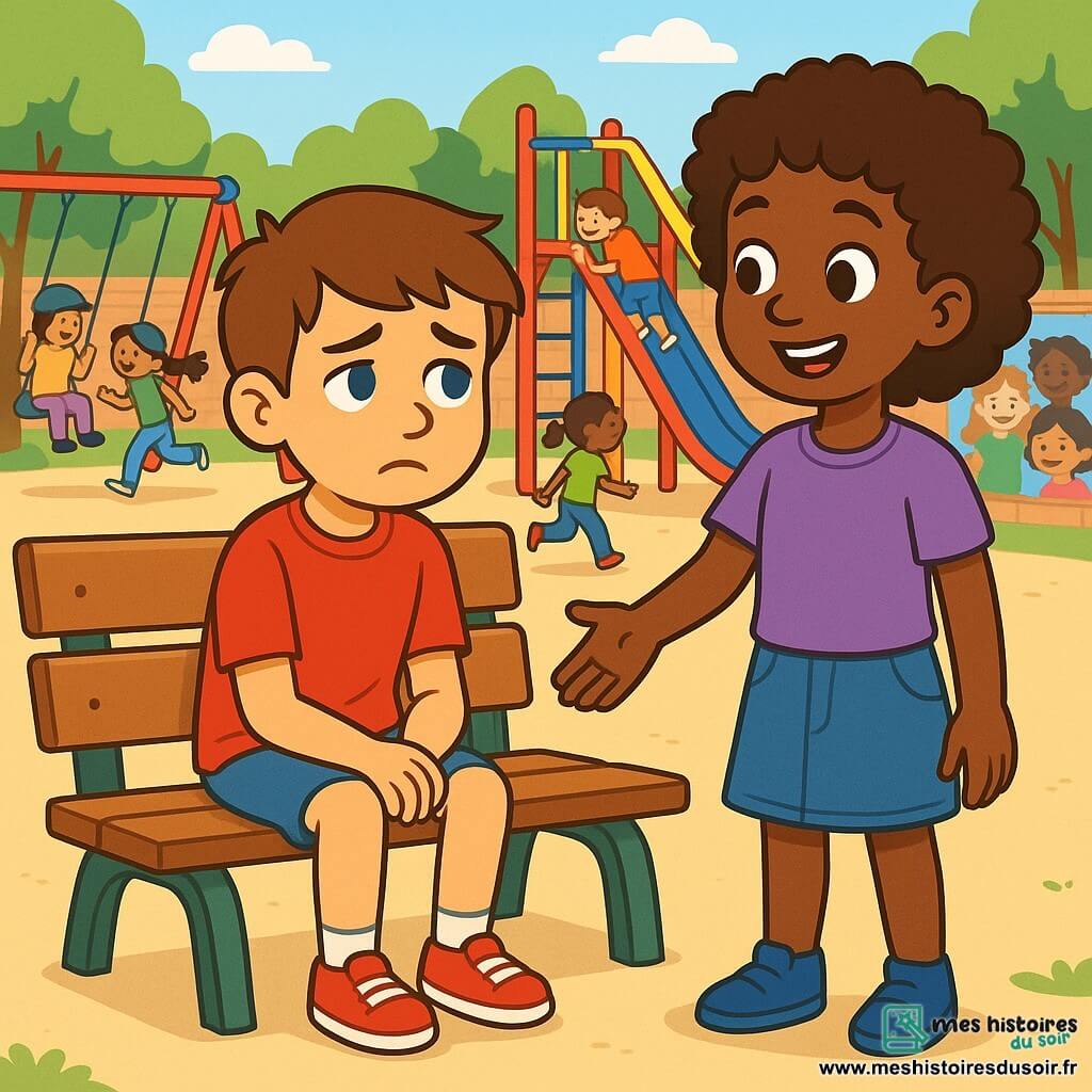 Lucas, un garçon de 10 ans aux cheveux châtains et aux yeux bleus, porte un tee-shirt rouge et un short en jean. Il a une expression de tristesse mêlée d'espoir, assis seul sur un banc dans une cour d'école. À côté de lui, Fatoumata, une fille de 10 ans aux cheveux bouclés et aux yeux noisette, sourit chaleureusement en portant un tee-shirt violet et une jupe en denim. La cour est animée d'enfants de différentes origines, avec des jeux colorés et des arbres verdoyants en arrière-plan. Lucas, un peu triste, est rejoint par Fatoumata qui lui propose de jouer, symbolisant l'amitié et l'acceptation malgré les différences.