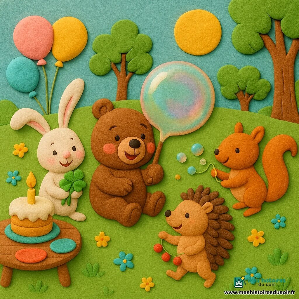Notreson, petit ourson brun pelucheux aux joues rosies, souffle une grande bulle de savon irisée avec une baguette; à gauche, Lapin, lapin blanc aux longues oreilles, saute en souriant en tenant un bouquet de trèfles; à droite, Écureuil, petit écureuil roux, tient une ficelle formant une chaîne de bulles scintillantes; devant la table, Hérisson, hérisson marron aux piquants arrondis, agite une guirlande de mini-pommes rouges; dans une clairière d'herbe verte parsemée de fleurs et entourée d'arbres sous un soleil doré, une table basse porte un gâteau à glaçage crème avec une bougie étoile, assiettes colorées et ballons pastel; scène joyeuse aux couleurs pastel et textures lisses, centrée sur la grande bulle brillante et les visages rieurs.