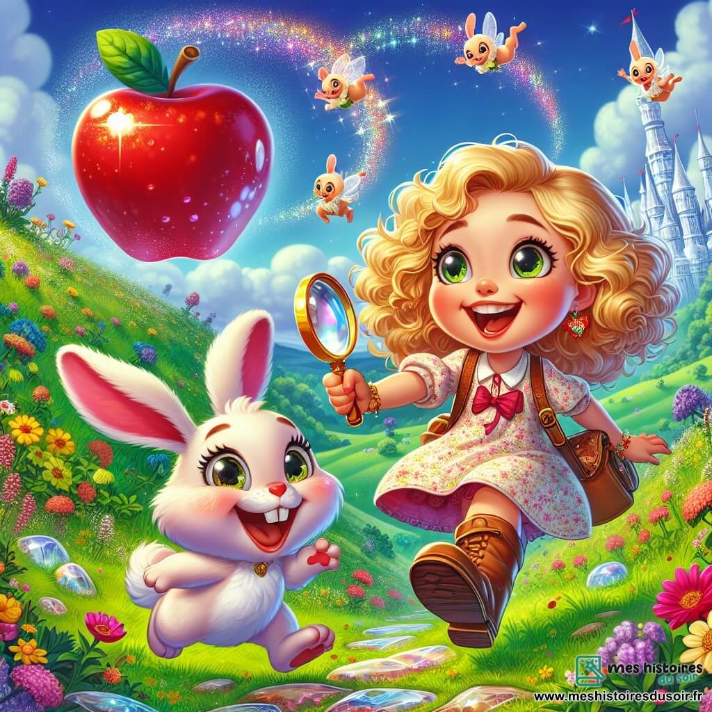 Une petite fille de 10 ans, Lila, aux cheveux frisés et dorés, sourit en tenant une loupe. Elle porte une robe légère à motifs floraux et un sac à dos rempli de trésors. À ses côtés, Pompon, un lapin dodu, sautillant joyeusement. Le décor est une colline verdoyante avec des fleurs colorées et des rochers scintillants. En arrière-plan, une pomme géante rouge est entourée de petites créatures translucides, les Coupes-de-Vent, qui virevoltent. La scène montre Lila et Pompon riant ensemble, tandis que les Coupes-de-Vent effectuent des pirouettes, créant une atmosphère festive et magique.
