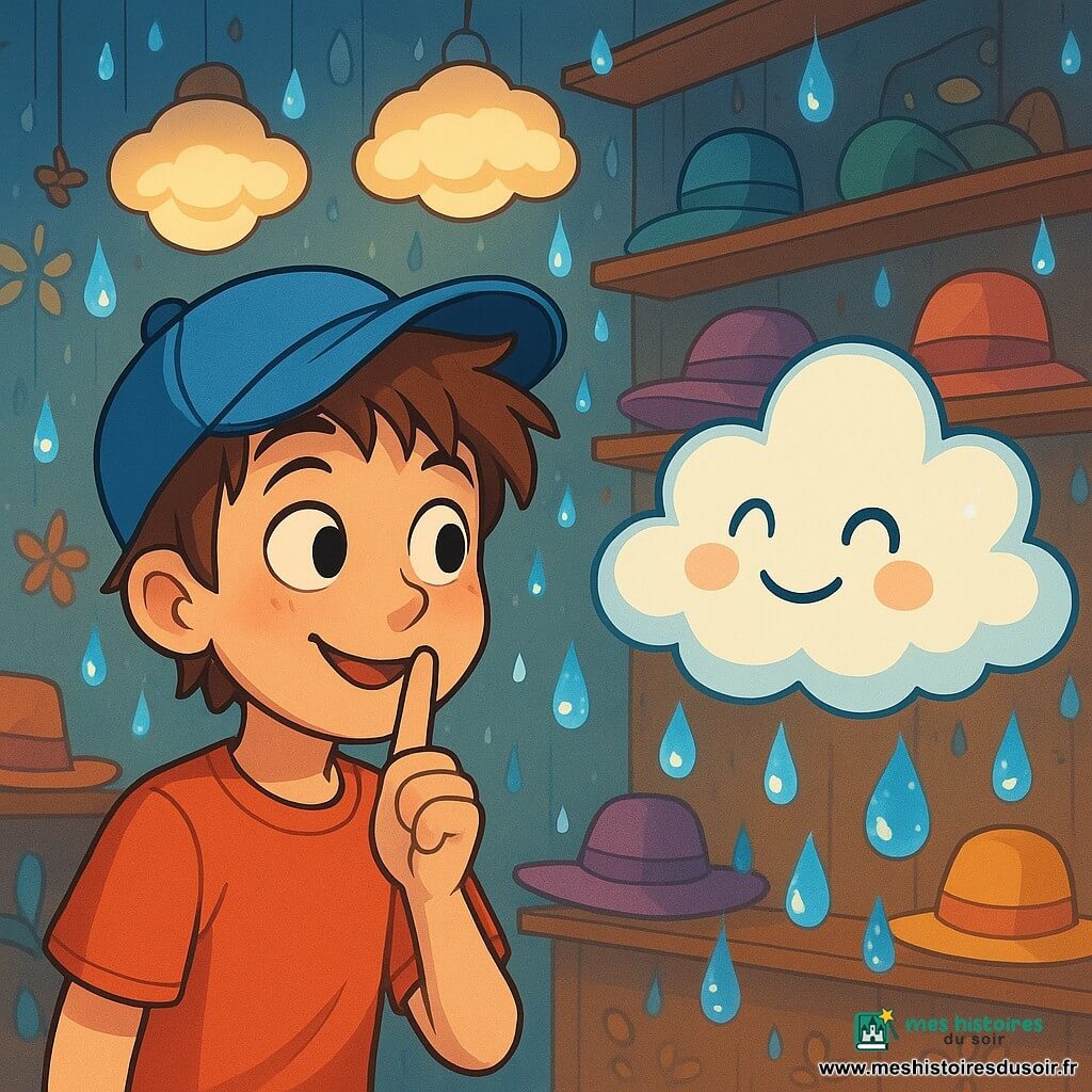 Un garçon de 12 ans, Milo, aux cheveux bruns en bataille et portant une casquette bleue, se tient au centre de l'image, les yeux écarquillés de curiosité et un sourire malicieux. Il est entouré de gouttes de pluie scintillantes, créant une atmosphère magique. À sa droite, un nuage amical nommé Nunuage, avec un visage souriant et des gouttes d'eau brillantes, semble joyeux et prêt à écouter l'histoire de Milo. En arrière-plan, le Salon des Chapeaux présente des étagères en bois chargées de chapeaux colorés, des capelines dansant et des lampes en forme de nuage diffusant une lumière chaleureuse. Milo raconte une histoire à voix basse, tandis que Nunuage l'écoute attentivement, entouré de gouttes de pluie tombant doucement, créant une ambiance joyeuse.