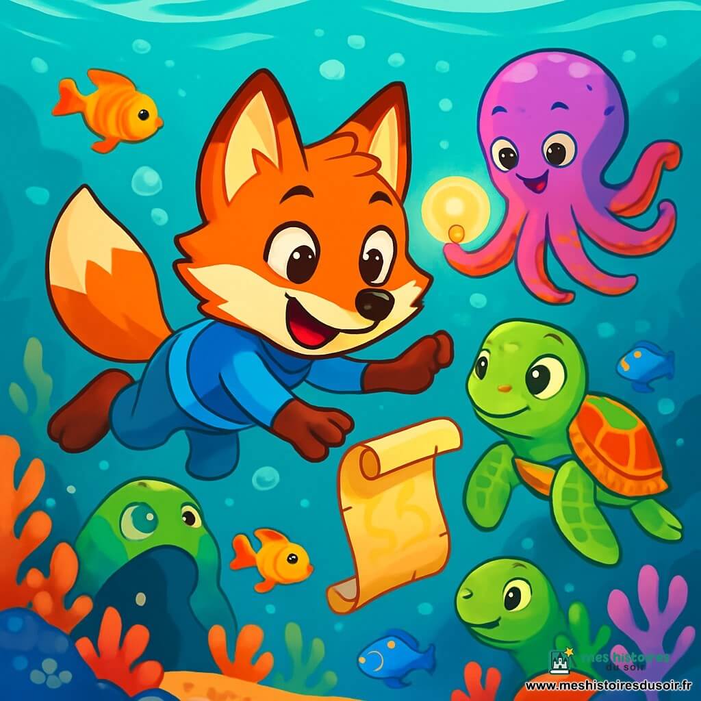 Un renard espiègle aux yeux pétillants et à la fourrure orange vif, portant une combinaison de plongée bleue, nage avec enthousiasme dans une mer turquoise, entouré de poissons colorés. Il sourit en tendant ses pattes vers un vieux parchemin flottant, illuminé par la lumière du soleil. À ses côtés, une tortue verte au regard doux, avec une carapace colorée, l'observe avec curiosité, tandis qu'un poulpe vibrant nage derrière eux. Le fond marin est rempli de coraux multicolores et de bulles scintillantes, créant une ambiance magique. Le renard et ses amis explorent les merveilles sous-marines, découvrant des abris cachés et partageant des rires dans un courant doux.