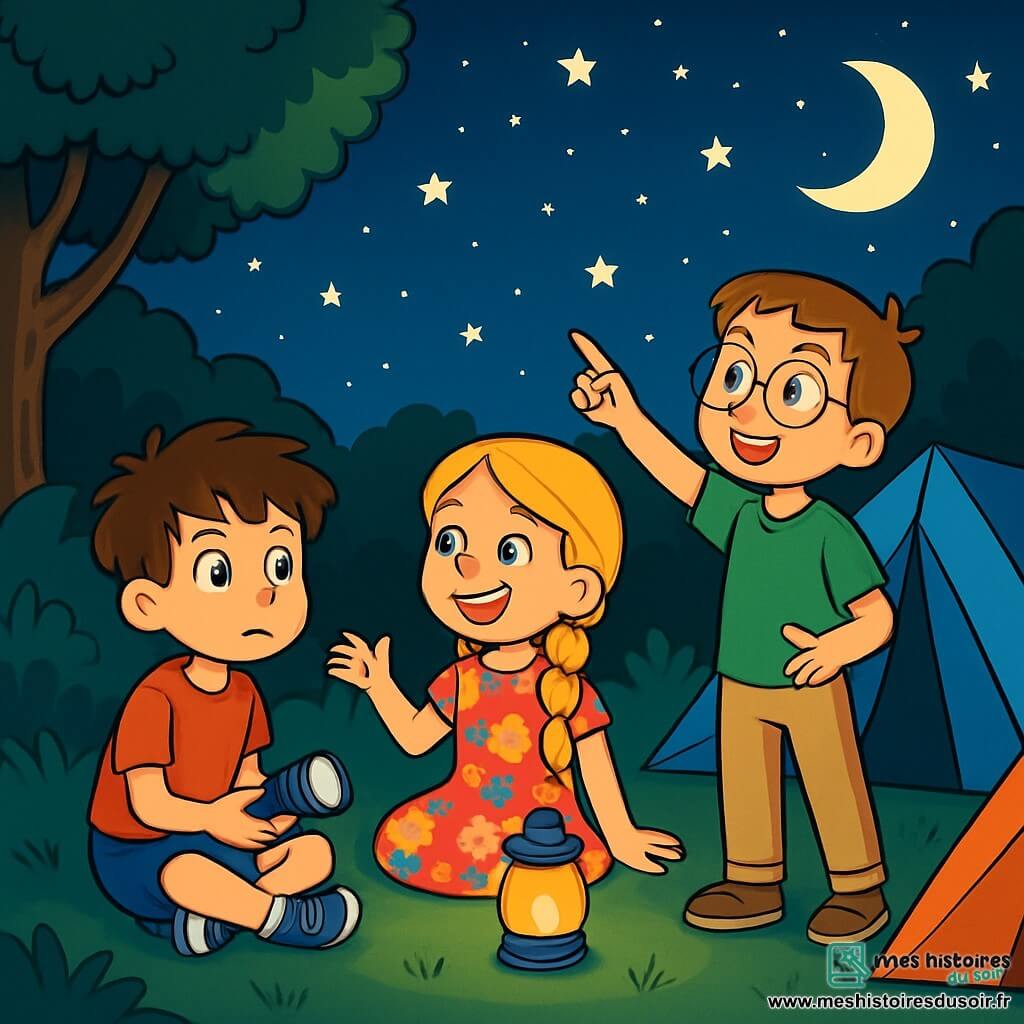 Trois personnages sont présents : Tom, un garçon de 10 ans aux cheveux bruns en bataille et aux yeux bleus, assis sur l'herbe avec une lampe de poche, curieux ; Léa, une fille de 9 ans avec des cheveux blonds tressés en robe à fleurs, souriante et gesticulant en parlant des étoiles ; et Hugo, un garçon de 10 ans avec des cheveux châtains et des lunettes rondes, debout, pointant vers le ciel étoilé, émerveillé. L'action se déroule dans un jardin verdoyant sous un ciel nocturne rempli d'étoiles et d'une lune douce, illuminant des tentes colorées. Les enfants partagent des histoires autour d'une lanterne, leurs visages éclairés par sa lumière, créant une ambiance chaleureuse malgré l'obscurité.