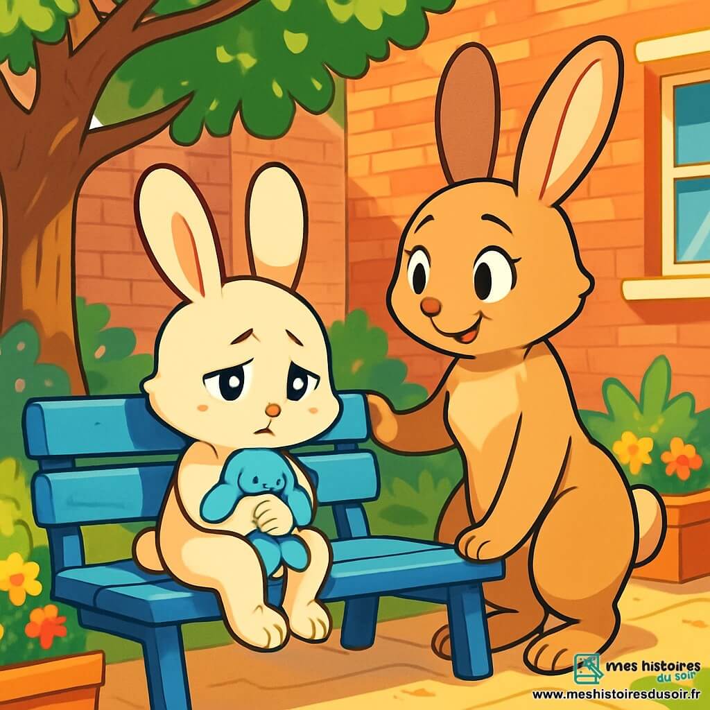 Milo, un petit lapin crème aux grandes oreilles, est assis sur un banc bleu dans une cour ensoleillée. Son visage exprime une douce mélancolie, tenant son doudou bleu, Doux, contre son cœur. À côté de lui, Maman Lila, une lapine brune aux yeux chaleureux, se tient debout avec un sourire réconfortant, mais une légère inquiétude dans le regard. La cour, animée, est entourée de murs de briques rouges et d'un vieux figuier, avec des fleurs colorées et des rayons de soleil filtrant à travers les feuilles. Milo et Maman Lila partagent un moment de calme, où Milo cherche réconfort, entouré par la vie de la cour.
