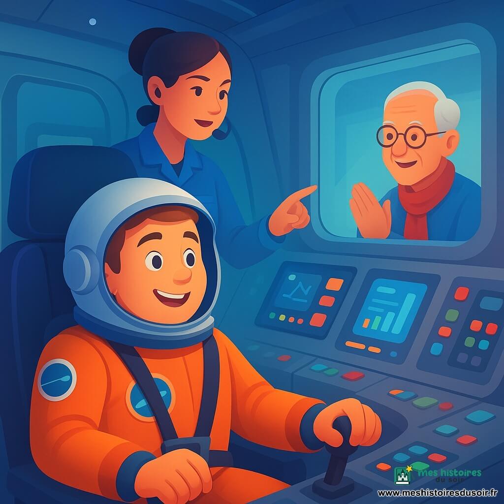 Un astronaute d'une trentaine d'années, visage souriant et casque posé à côté de lui, assis et attaché au poste de pilotage en combinaison spatiale orange, la main sur un levier; derrière lui, une ingénieure d'environ 35 ans en tenue bleue, cheveux en chignon, observe les écrans et parle dans un micro à travers une vitre intérieure; dans les gradins visibles par la fenêtre, un grand-père d'environ 70 ans, cheveux gris et lunettes rondes, applaudit, le tout dans une cabine spatiale moderne aux panneaux clairs et LED bleues, juste avant le décollage, dans une ambiance lumineuse et pleine d'espoir.