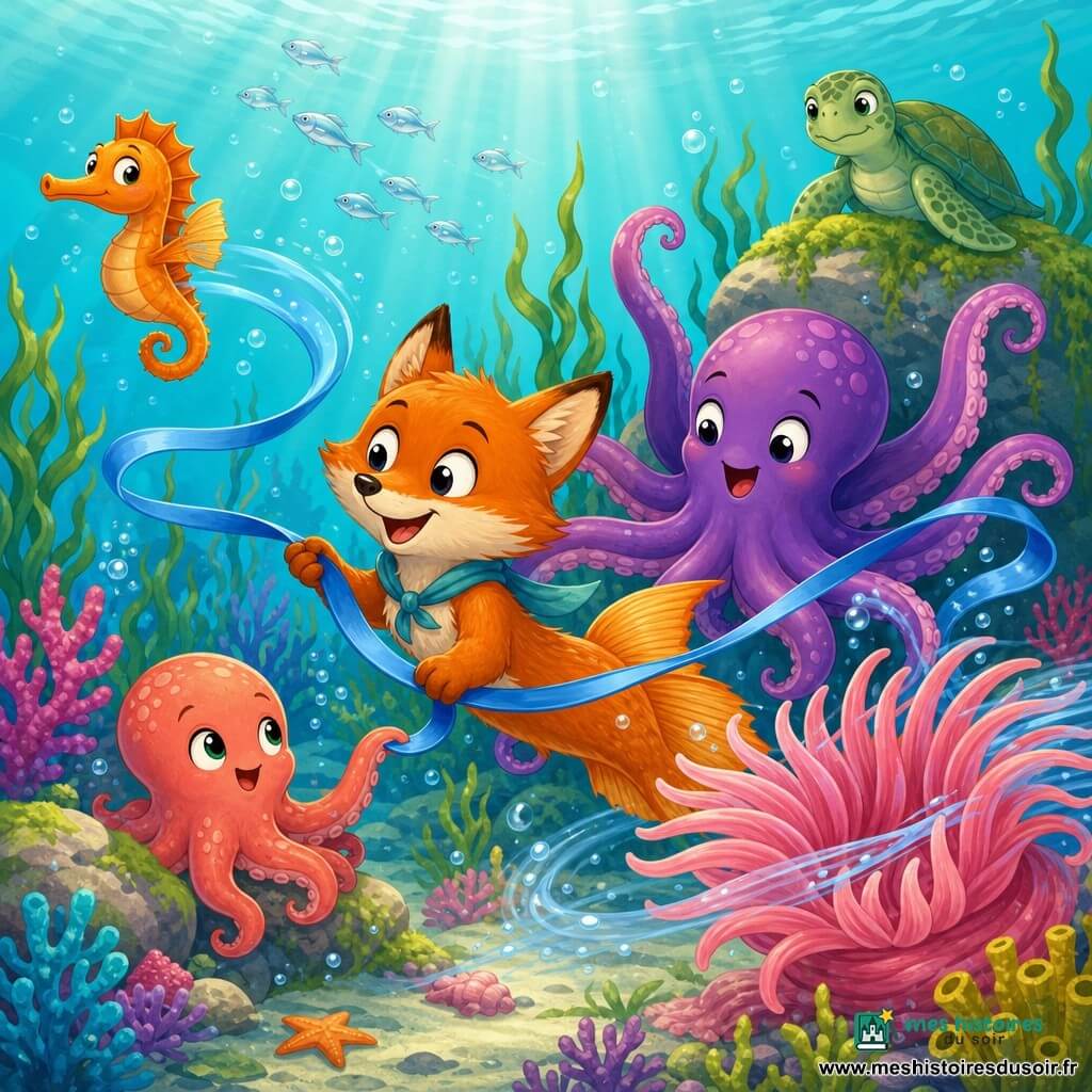 Léo, un renard marin anthropomorphe au pelage roux, tient un long ruban bleu qui flotte vers la gauche; Rita, une pieuvre pourpre aux tentacules souples, bat joyeusement des tentacules derrière lui; Polie, une petite pieuvre corail timide, se niche près d'une pierre et tend un tentacule pour toucher le ruban, visage émerveillé; un petit hippocampe orange file à gauche en indiquant le courant avec sa queue, air espiègle; une tortue verte à carapace mouchetée observe calmement depuis un rocher couvert d'algues; fond marin clair et lumineux avec eau turquoise, rayons de soleil, algues ondulantes, coraux colorés, une grande anémone rose, bulles et petits poissons argentés; scène joyeuse et dynamique montrant la découverte du courant par Léo, expressions d'émerveillement et mouvement fluide de l'eau.