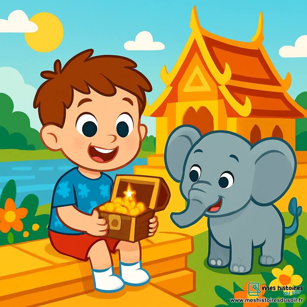 Un petit garçon de 4 ans, Léo, a de grands yeux brillants et un sourire joyeux. Il porte un t-shirt bleu avec des éléphants et un short rouge, assis sur le bord d'un temple doré, tenant un coffre en bois ouvert, émerveillé par ses trésors. À côté de lui, un éléphant gris nommé Nono, avec de grandes oreilles et des yeux malicieux, le regarde avec affection. Le temple thaïlandais scintille sous le soleil, entouré de fleurs colorées et d'une rivière brillante. La scène dégage une atmosphère magique et joyeuse, célébrant leur découverte ensemble dans la beauté de Bangkok.