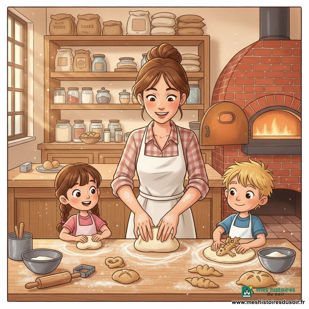 Margaux, boulangère d'environ 35 ans, souriante, chignon, tablier blanc et chemise à carreaux, étire une boule de pâte aux mains poudrées; à sa droite Louis, ~8 ans, cheveux blonds ébouriffés et petit tablier bleu, façonne un petit pain en forme de dragon; à sa gauche Clara, ~7 ans, tresse brune et tablier rose, modèle un petit pain en forme de cœur; arrière-boutique avec comptoir en bois clair, étagères de sacs de farine et bocaux, four en brique entrouvert laissant une lueur orange, table farinée et outils (rouleau, corne à pâte, bols); lumière chaude du matin filtrant par une fenêtre à carreaux, poussière de farine visible; scène conviviale d'atelier où la boulangère enseigne aux enfants à pétrir et façonner, gestes, rires et concentration, pâte gonflée prête à cuire; palette chaude (ocre, brun, rouge brique) avec accents pastel, textures boisées et farineuses; style aux traits doux, expressions nettes, proportions enfantines, composition centrée sur la table et les mains en action.