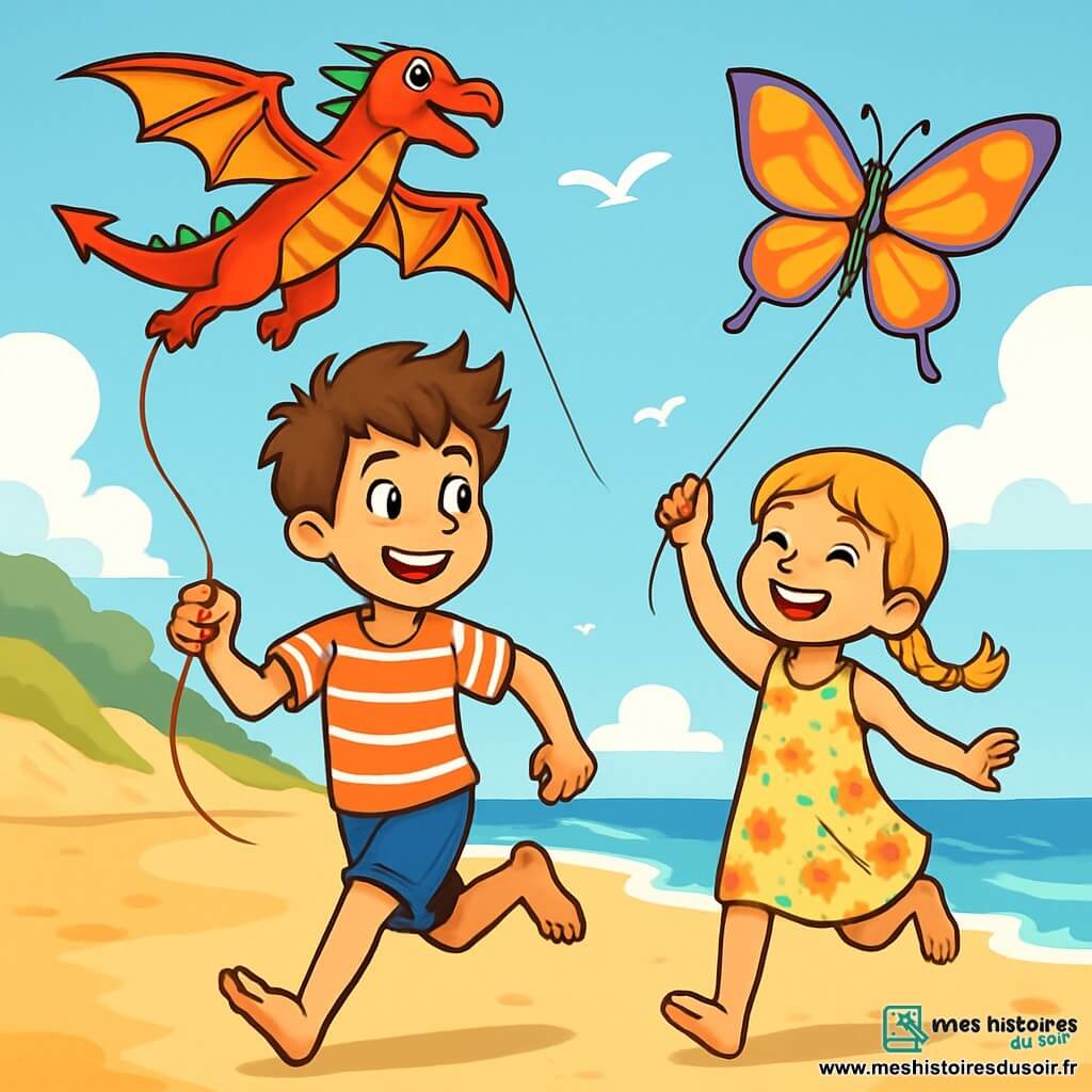 Lucas, un garçon de 12 ans aux cheveux bruns en bataille et aux yeux pétillants, court sur la plage avec un cerf-volant en forme de dragon. Il porte un t-shirt rayé et un short bleu, affichant une grande excitation. À ses côtés, sa sœur Emma, 8 ans, avec des cheveux blonds tressés, tient un cerf-volant en forme de papillon, sautillant de joie. Elle est vêtue d'une robe légère à fleurs. La plage est ensoleillée, avec du sable doré, des vagues scintillantes et des dunes verdoyantes en arrière-plan. Lucas et Emma sont en compétition amicale, entourés d'autres enfants qui les encouragent, tous profitant de cette journée joyeuse et aventureuse.