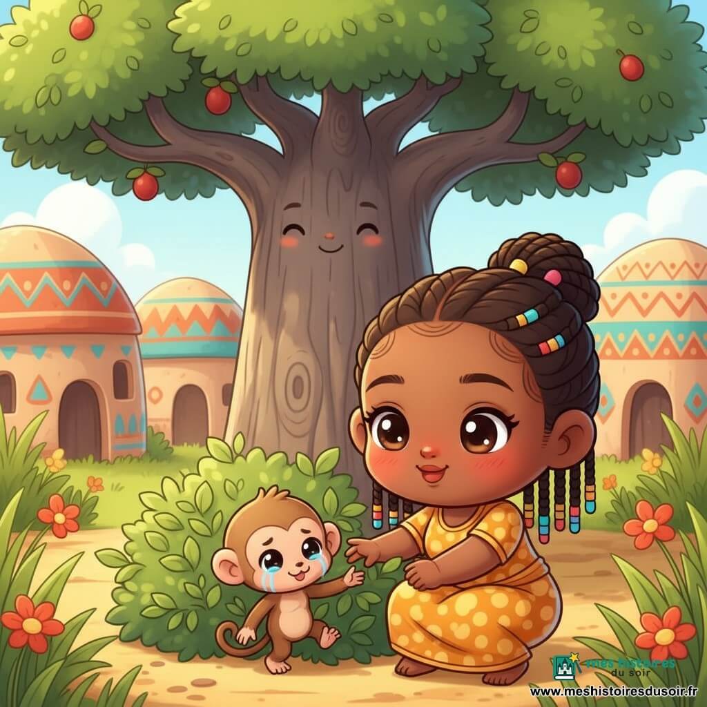 Amina, femme souriante au visage rond, peau brune et cheveux tressés ornés de perles, est accroupie dans une clairière ensoleillée près d’un village africain coloré pour dégager un petit buisson et sauver doucement un jeune singe mâle brun coincé, tendant la main ; un grand baobab au tronc massif se dresse derrière eux, l’ambiance est chaleureuse et lumineuse avec herbes vertes, fleurs et maisons peintes, palette vive, style chibi kawaii aux personnages ronds et enfantins.