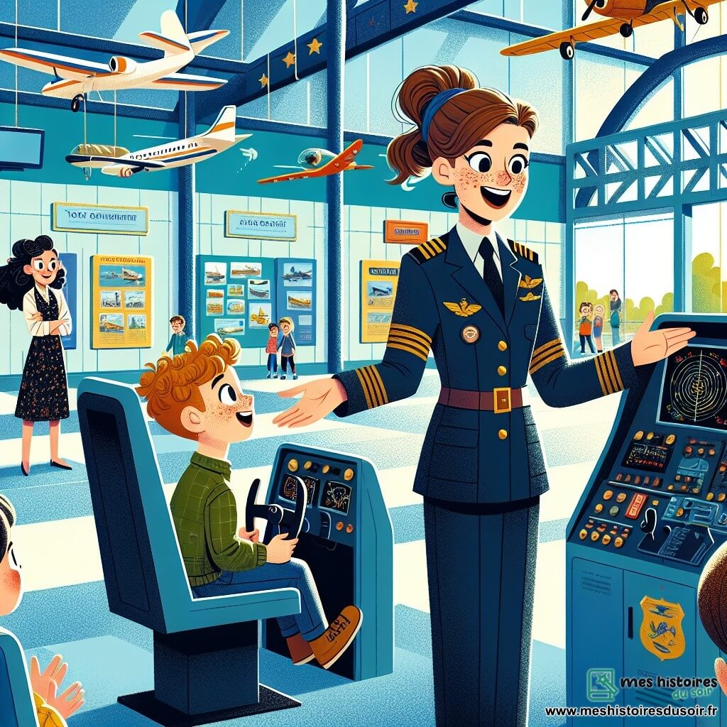 Clara, pilote d'avion, sourit avec passion, vêtue d'une combinaison de vol bleu marine avec un insigne doré et les cheveux en queue de cheval. Elle explique avec enthousiasme aux enfants comment piloter un avion, alors que Tom, un garçon de 10 ans aux taches de rousseur, est assis dans le cockpit du simulateur, fasciné. Emma, une fille de 9 ans aux cheveux bouclés, attend son tour avec impatience. La scène se déroule dans un musée de l'aviation, entouré d'avions suspendus et de maquettes. Clara guide Tom dans le simulateur, prêts à décoller dans un ciel bleu parsemé de nuages, tandis que les enfants découvrent l'univers captivant de l'aviation.