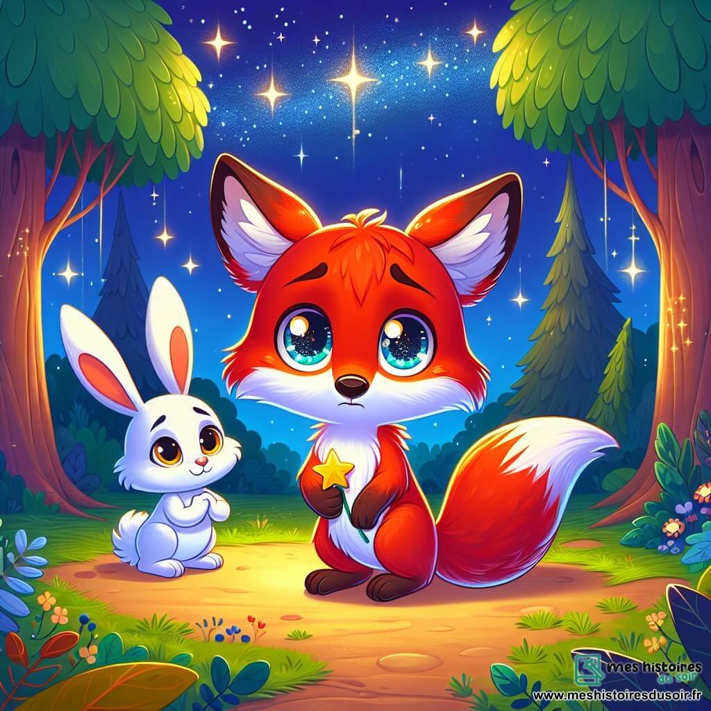 Un jeune renard au pelage roux éclatant, avec de grands yeux brillants et une expression coupable, se tient dans une clairière sous un ciel étoilé. Il regarde vers le bas, tenant une petite étoile en papier dans sa patte. À côté de lui, un lapin blanc aux grandes oreilles, avec un air sérieux, l'observe en se tenant sur ses pattes arrière, prêt à lui parler. La clairière est entourée d'arbres majestueux, et des étoiles scintillantes illuminent le ciel nocturne. Rafi, le renard, se sent mal à l'aise après avoir menti à sa maman, tandis que Léon, le lapin, lui offre un soutien amical pour l'encourager à dire la vérité.