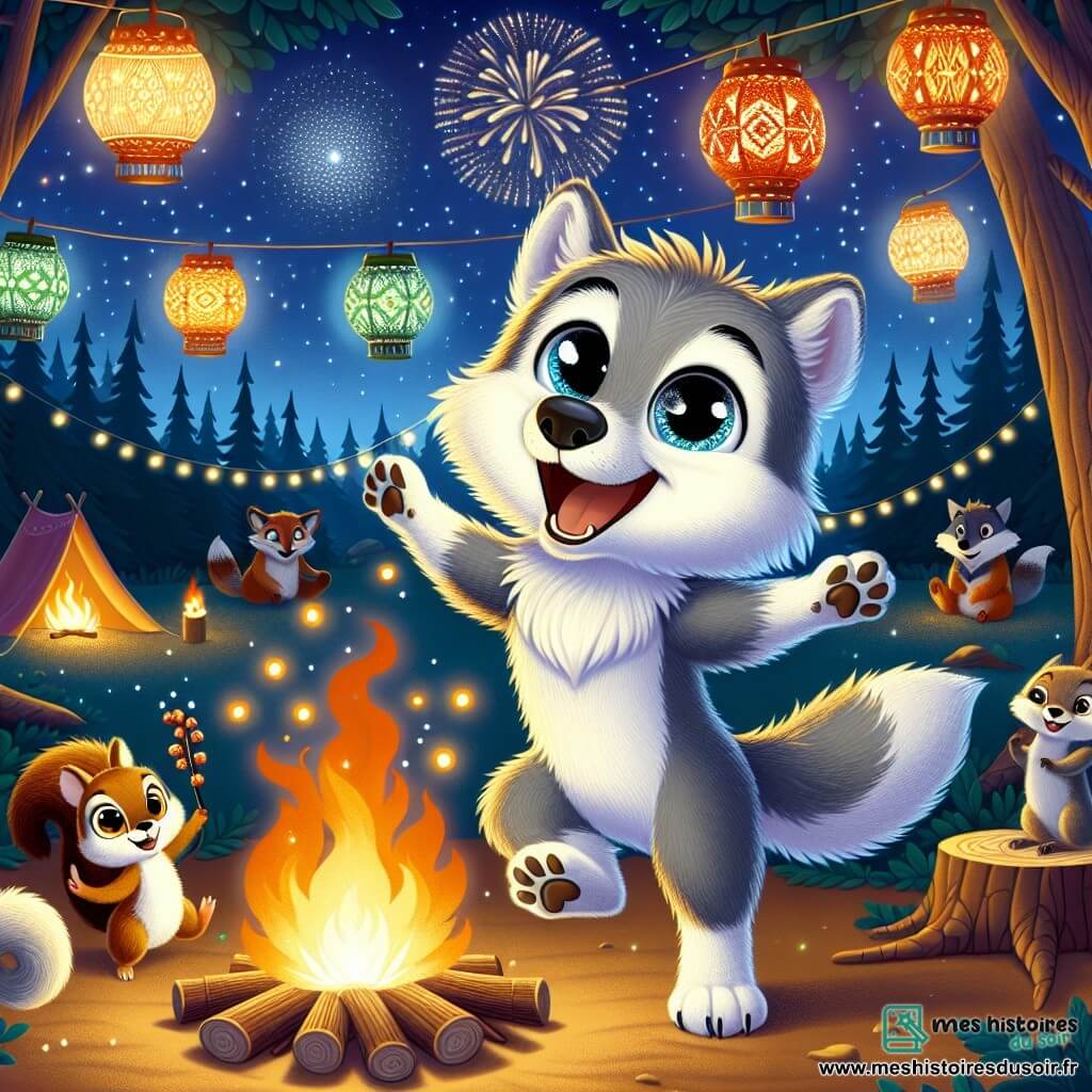 Un petit loup nommé Léo, avec une fourrure argentée et des yeux brillants, danse autour d'un feu de camp, entouré de lanternes scintillantes, célébrant le Nouvel An. À ses côtés, un écureuil nommé Pipo, avec une fourrure brune, saute de joie en tenant une branche décorée de baies lumineuses. En arrière-plan, la clairière est illuminée par des lanternes colorées, tandis que des étoiles brillent dans le ciel nocturne. Des animaux de la forêt se rassemblent autour du feu, partageant des histoires. La scène évoque la magie d'une fête joyeuse, où l'amitié et la communauté se mêlent sous un ciel étoilé, avec des feux d'artifice illuminant le visage émerveillé de Léo.