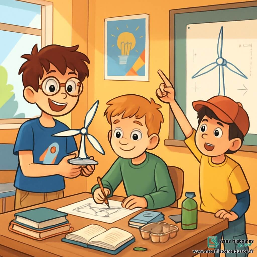 Trois personnages sont présents : Tom, un garçon de 11 ans aux cheveux bruns en bataille et lunettes rondes, souriant avec un modèle d'éolienne dans les mains ; Max, également âgé de 11 ans, avec des cheveux blonds et des taches de rousseur, assis sur une table, dessinant des plans pour l'éolienne ; et Hugo, avec des cheveux noirs et une casquette rouge, debout à côté de Tom, montrant un schéma sur un tableau. L'action se déroule dans une salle de classe lumineuse aux murs colorés, décorée de posters scientifiques. Les trois amis travaillent ensemble sur leur projet d'éolienne, montrant leur concentration et leur enthousiasme.