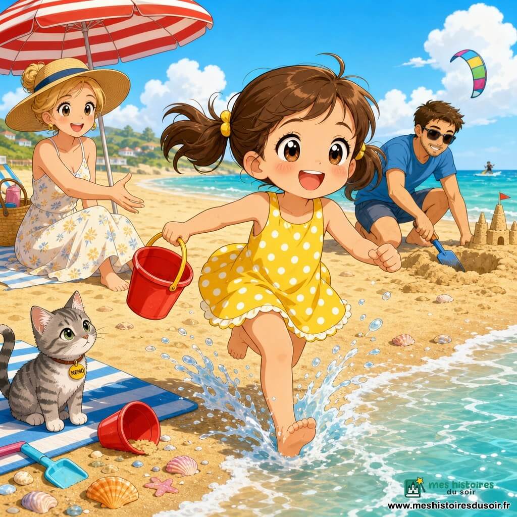Une fillette de 6 ans très excitée, yeux brillants et large sourire, cheveux bruns en couettes, robe jaune à pois blancs, court en sautillant vers la mer en tenant un petit seau rouge, éclaboussures autour de ses pieds. Un chat nommé Nemo, gris rayé, est assis sur une serviette bleue rayée près d’un seau renversé, curieux. La mère (≈34 ans), cheveux blonds en chignon, chapeau de paille et robe d’été légère, sourit et tend la main depuis l’ombre d’un grand parasol rouge et blanc à l’arrière-gauche. Le père (≈36 ans), cheveux bruns courts, lunettes de soleil, t-shirt bleu et short, creuse un trou pour un château de sable à droite, regard bienveillant. Plage de sable doré avec coquillages, petites vagues turquoise, ciel bleu clair avec quelques nuages et un kitesurf coloré au loin. Scène : première découverte de la mer par la fillette, mouvement joyeux, ambiance lumineuse et chaleureuse, couleurs vives; style graphique : manga doux, traits arrondis et couleurs pastel, adapté au jeune public.