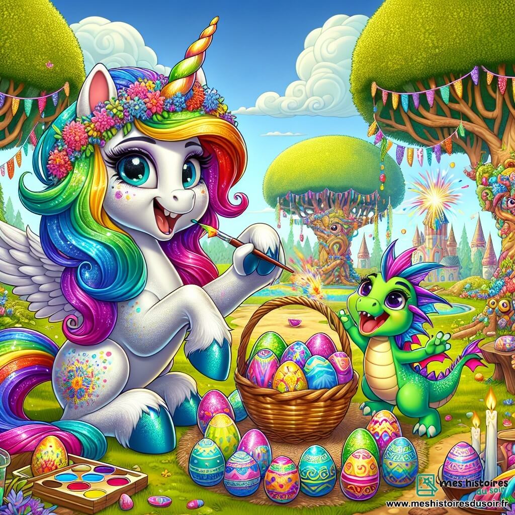 Flocon, une licorne aux crins multicolores et aux yeux malicieux, est au centre de la clairière, joyeuse alors qu'elle prépare une fête de Pâques en peignant des œufs colorés. À ses côtés, Paillette, un petit dragon aux écailles vertes, saute de joie en crachant des étincelles. La clairière, entourée d'arbres ornés de guirlandes d'œufs scintillants et de fleurs colorées, crée une ambiance festive. Flocon et Paillette préparent la fête, entourés de rires, tandis que les amis du village arrivent, impatients de découvrir les surprises.