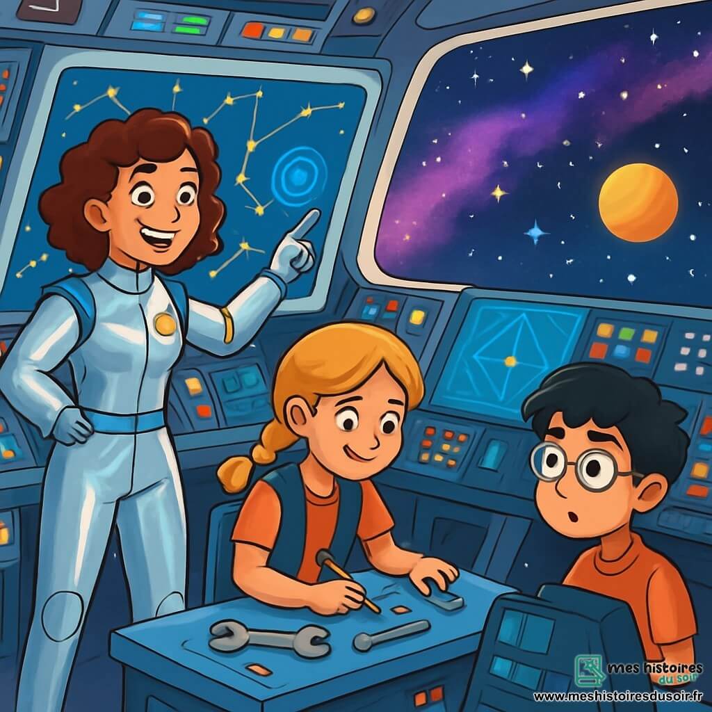 La commandante Stella, avec ses cheveux bruns et bouclés, porte une combinaison spatiale argentée qui brille. Son visage exprime une détermination joyeuse, et elle pointe une carte stellaire sur un grand écran de contrôle. À ses côtés, Lena, 12 ans, aux cheveux blonds tressés, ajuste des outils avec concentration, tandis que Malik, 13 ans, avec des lunettes et des cheveux noirs en désordre, observe des hologrammes lumineux. Le vaisseau Nova, dans le cockpit futuriste, offre une vue spectaculaire sur un espace étoilé rempli d'étoiles et de nébuleuses colorées. L'équipe se prépare avec enthousiasme pour leur mission, discutant des signaux mystérieux détectés, prête à s'envoler vers l'inconnu pour une aventure incroyable.