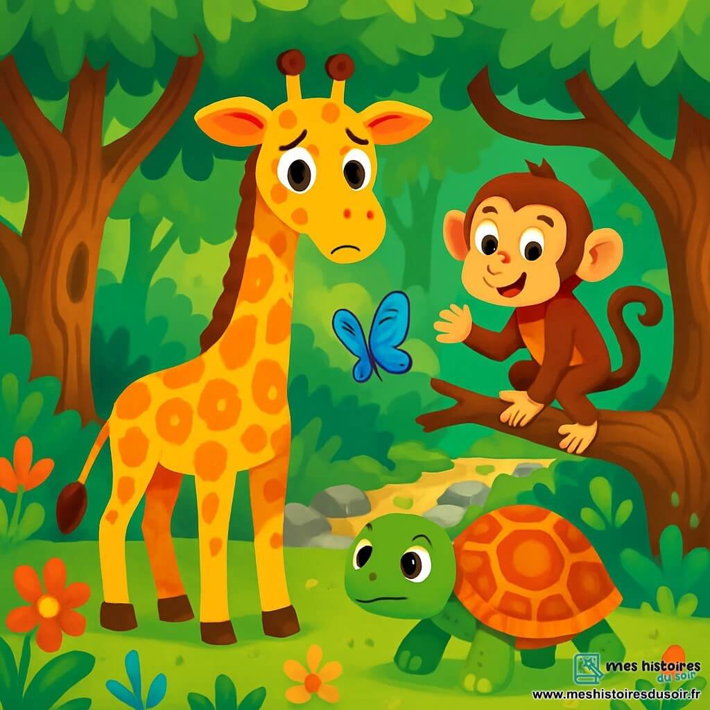 Une girafe nommée Lila se tient au centre de la forêt, ses yeux brillants d'inquiétude et ses taches dorées scintillant sous le soleil. Elle observe ses alentours, tandis que Malo le singe grimpe sur une branche, ses yeux malicieux scrutant la scène. Zoé la tortue avance lentement sur le sol, déterminée, et Oscar le papillon bleu vole autour d'eux, ses ailes scintillant. La forêt est dense et magique, avec des arbres noueux et des fleurs colorées. Au loin, un ruisseau asséché laisse entrevoir des pierres brillantes, et Lila s'inquiète de la manière dont elle et ses amis vont retrouver l'eau nécessaire à leur forêt enchantée.