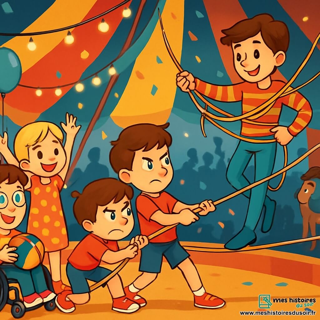 Quatre enfants sont présents : Max, un garçon de 8 ans en fauteuil roulant, souriant avec une balle colorée ; Lila, une fille de 7 ans en robe à pois, debout à côté de lui, les bras levés ; Tom, un garçon de 8 ans en t-shirt rouge, tirant sur une corde pour aider Éloi ; et Zoé, une fille de 7 ans en salopette bleue, admirant la scène. Ils se trouvent sous un chapiteau de cirque multicolore, entourés de spectateurs captivés. Les enfants aident Éloi, le funambule coincé dans ses cordes, tirant ensemble avec détermination et joie. L'atmosphère est énergique et magique, avec des ballons et des confettis.