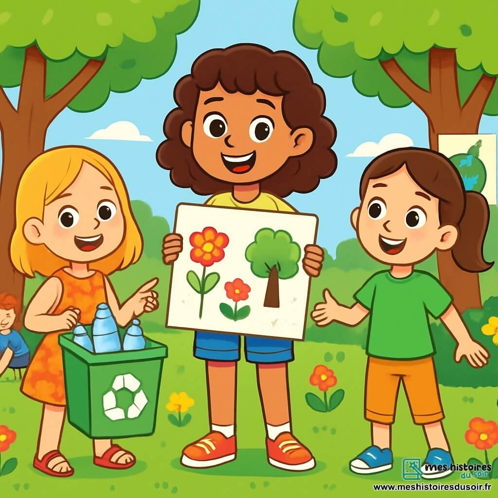 Trois personnages sont présents : Cécile, 9 ans, cheveux bruns et bouclés, t-shirt jaune et short en jean, tenant une affiche colorée ; Léa, 8 ans, cheveux blonds et lisses, robe à fleurs, montrant un bac de recyclage ; Amélie, 9 ans, cheveux châtains en queue de cheval, t-shirt vert et pantalon court, prête à lancer un jeu pour ramasser les déchets. Ils se trouvent dans un parc verdoyant avec des arbres et des fleurs colorées, sous un ciel bleu. Les trois amies organisent une journée écologique, entourées d'enfants qui nettoient le parc, créant une ambiance joyeuse et dynamique.